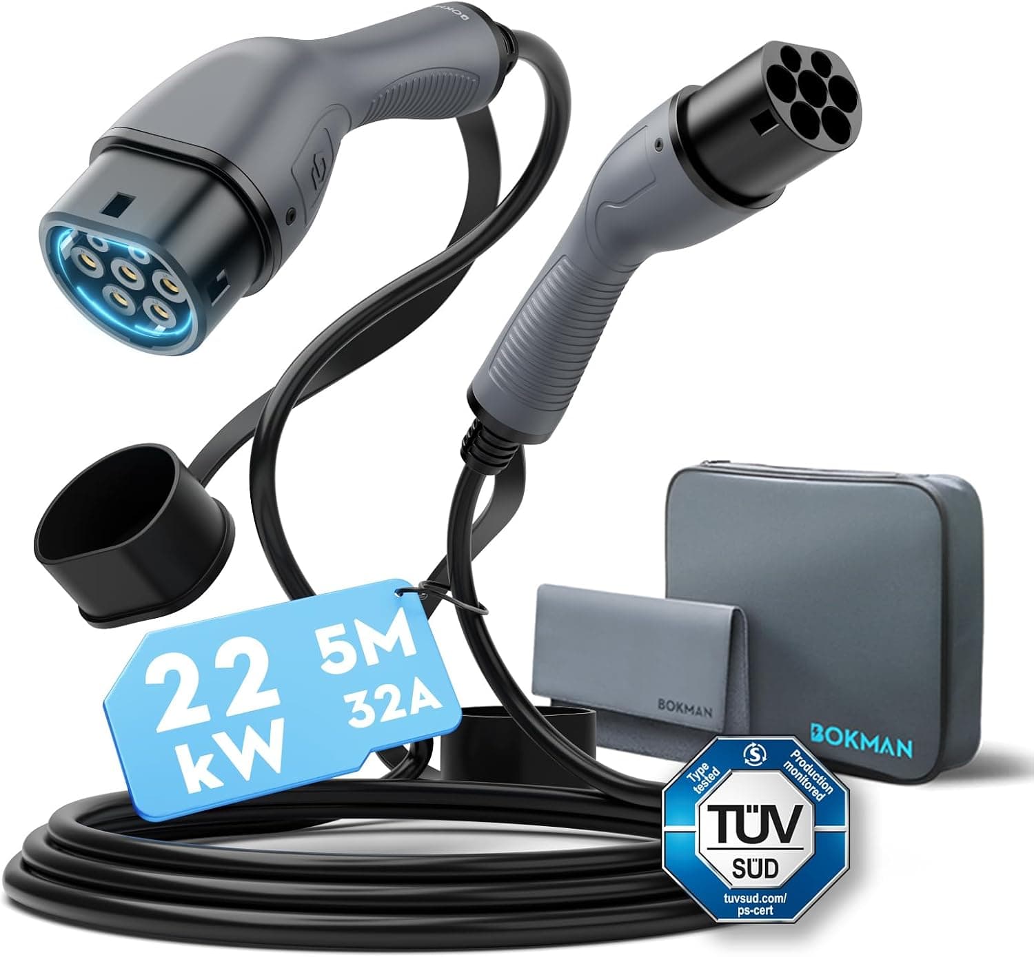 bokman EV Cable de Carga Tipo 2 22kW 5 Metros