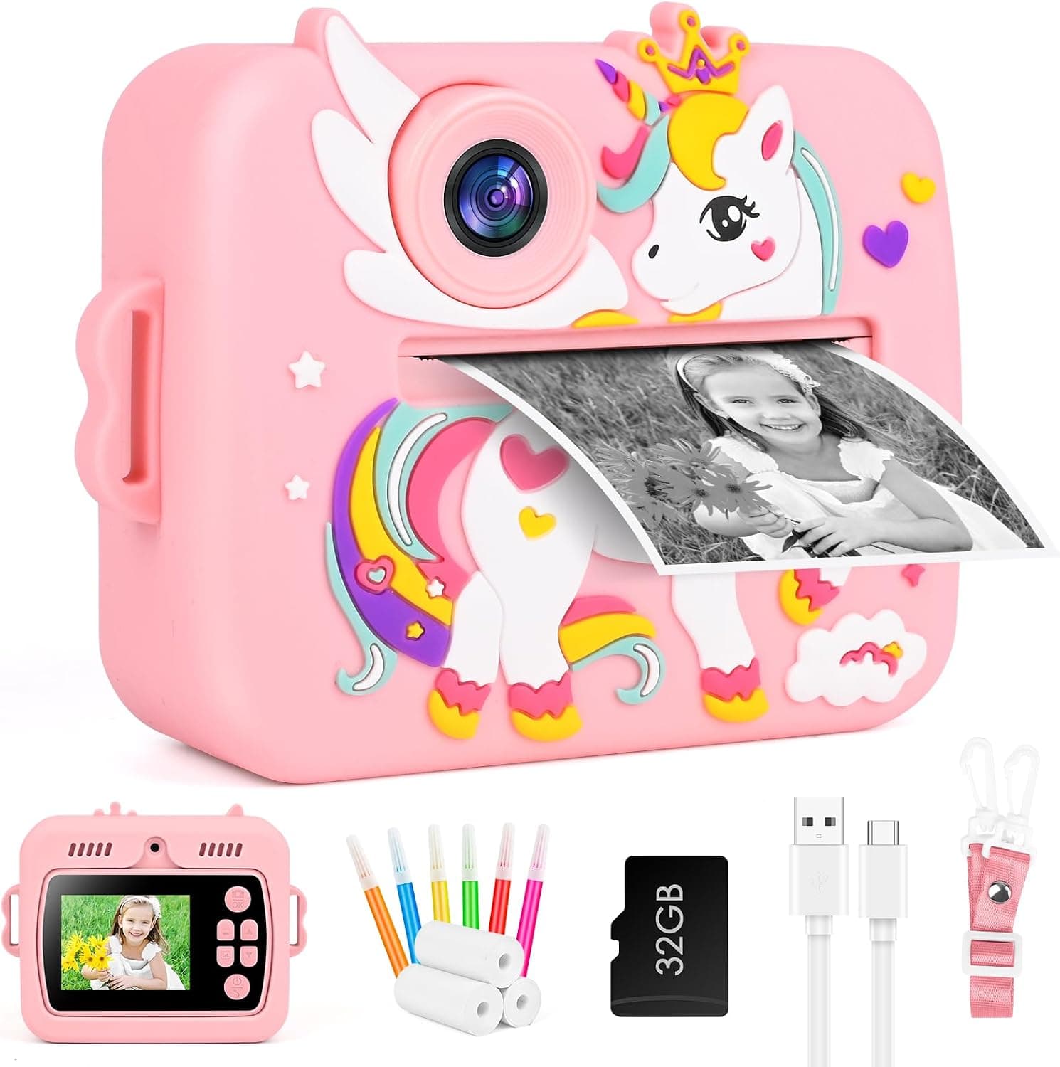 GuKKK Cámara Fotos Infantil Instantanea 12MP Selfi, Cámara Instantánea1080P 2,4''HD Video, Tarjeta SD 32GB, Regalo Comunión Niñas 3-12 Años Cumpleaños(Rosa)