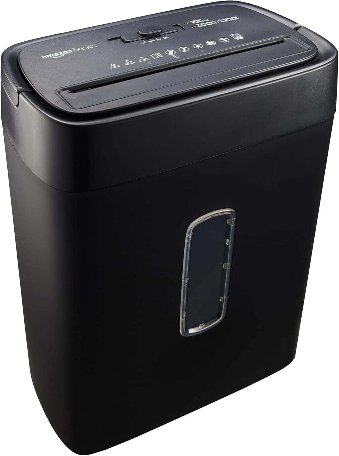 Amazon Basics Trituradora de Papel de Corte Cruzado, de 12 Hojas, Corte Cruzado, con Ventana Transparente, para Documentos y Tarjetas de Crédito, Papelera de 22,7L, Color Negro