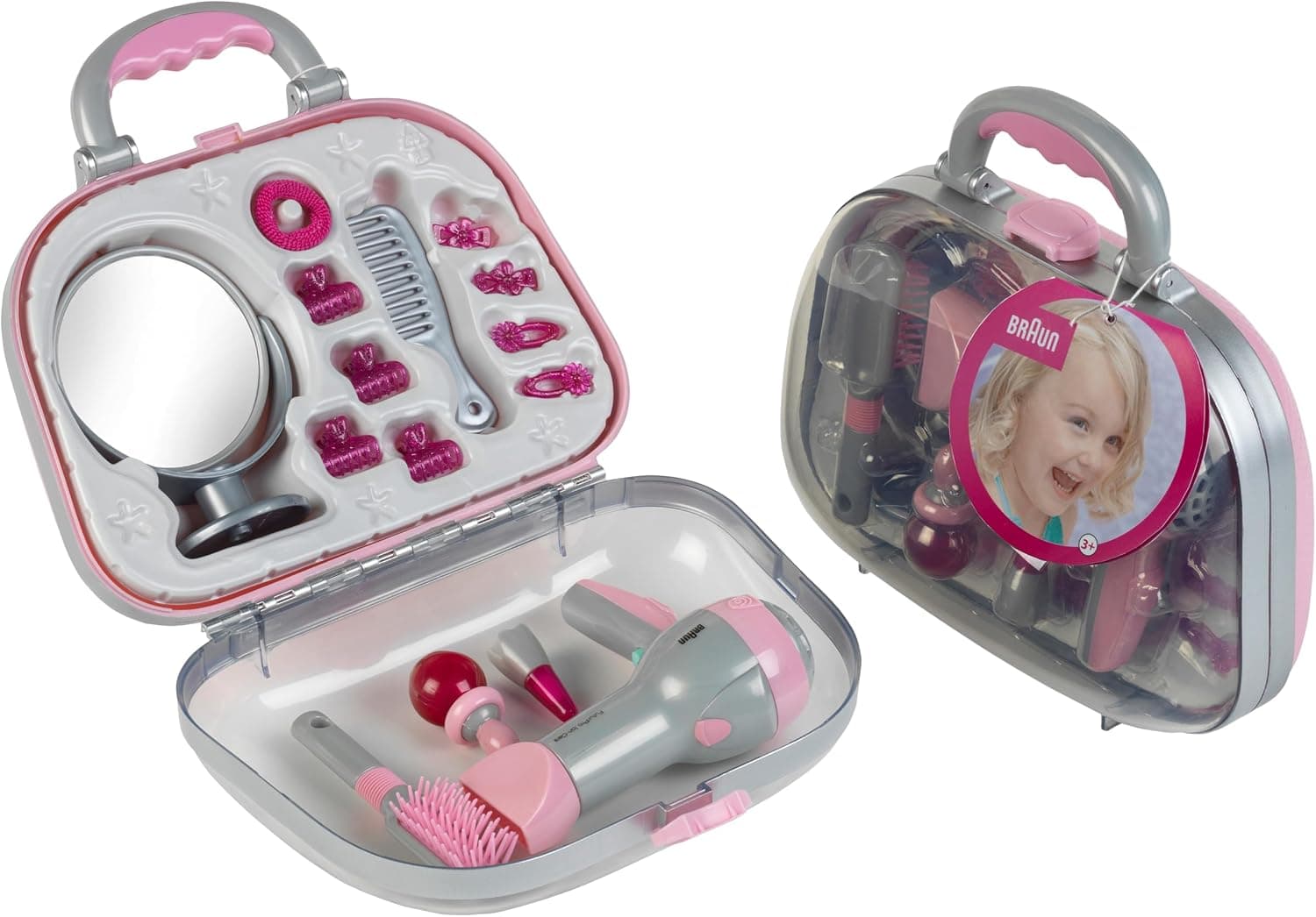 Theo Klein 5855 Maletín de peluquería con secador, con Espejo, Peine y Accesorios, Maletín Robusto con secador a Pilas, Medidas 27.5 cm x 11 cm x 22.2 cm, Juguete para niños a Partir de 3 años