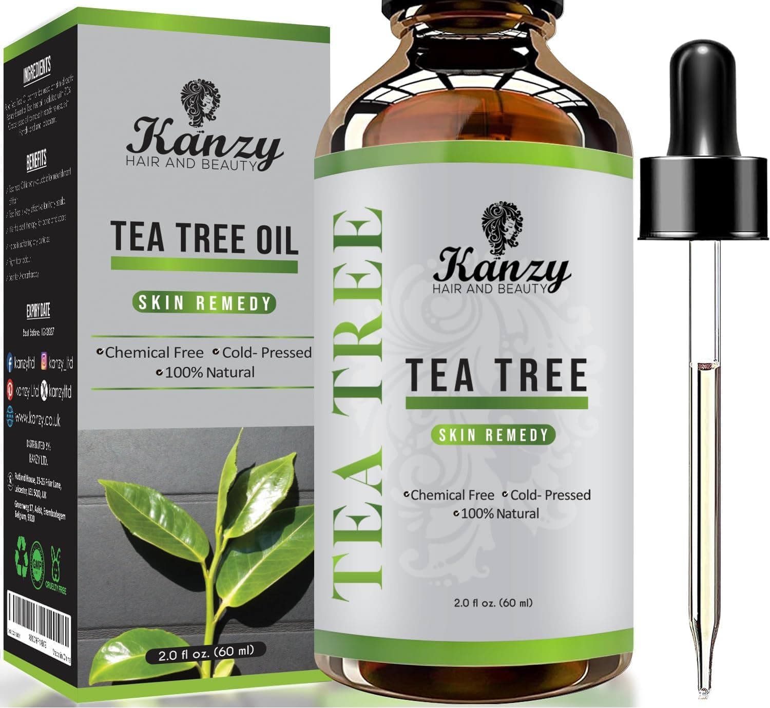 Kanzy Aceite Arbol del Te 60ml Tea Tree Oil Perfecto Tratamiento para Cara, Cuerpo, Piel y Cabello Aceite Esencial Arbol te