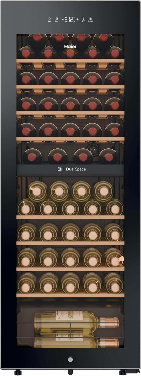 Haier Wine Bank 50 Series 5 HWS56GDG - Vinoteca de 56 botellas, 2 Zonas independientes, Estantes de madera, Filtro Anti-UV, Sistema Antivibración, Display Digital, Iluminación LED, 37 dbA, Negra