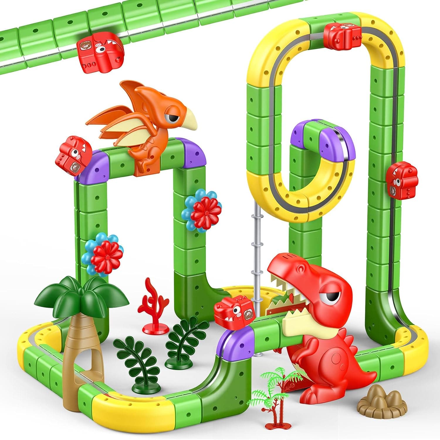 Dinosaurios Juguetes Niño 3 4 5 6 7 8 Años, 115 Piezas DIY Cube Track Regalo Niño Niña 3-8 Años Conjunto de Tren Eléctrico Clickrail