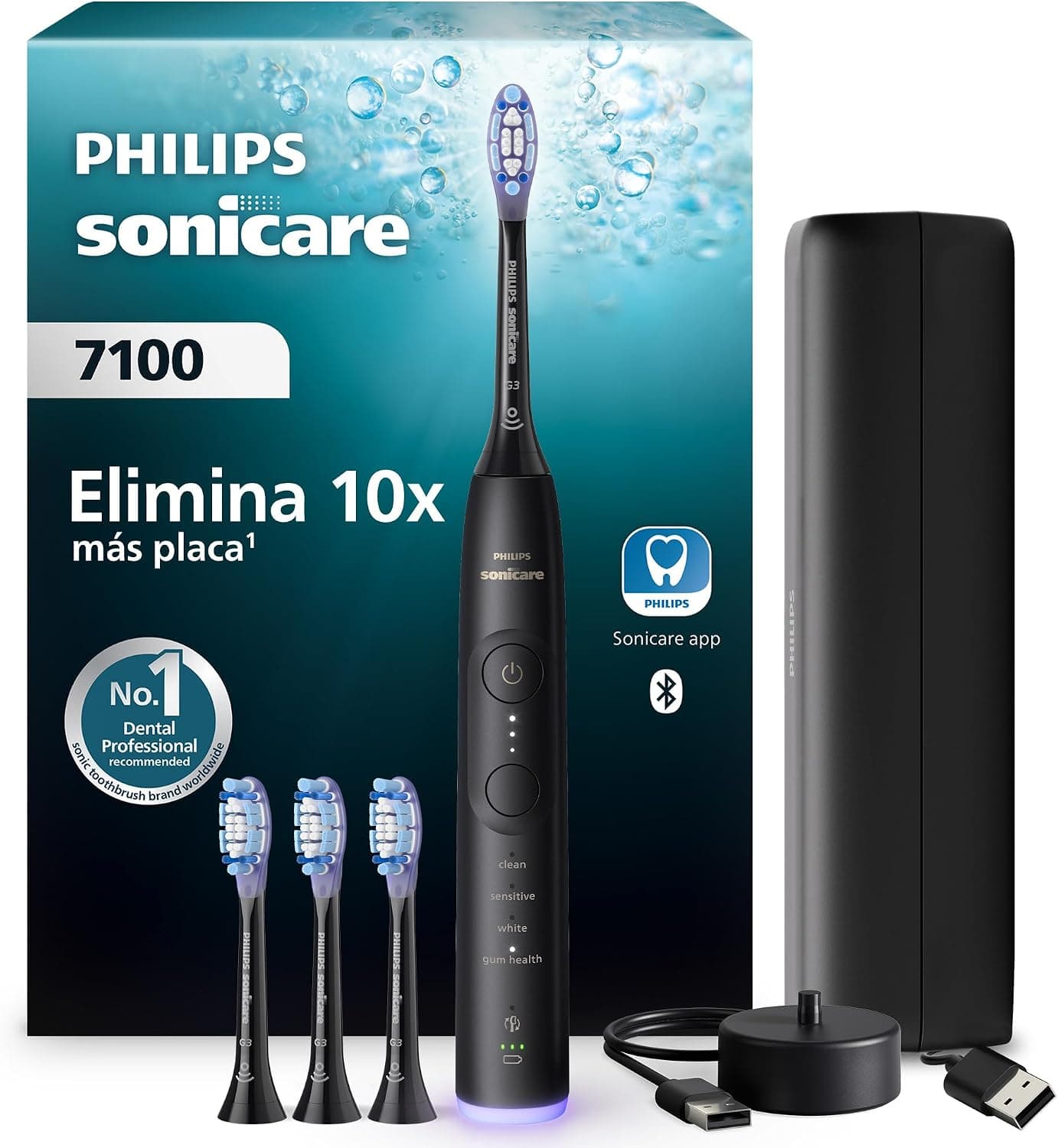 Philips Sonicare 7100 cepillo dental eléctrico, sónico con 4 modos de cepillado y 3 niveles de intensidad, alerta de presión, EasyStart, SmarTimer, negro, HX7421/08 [Nueva Tecnología]