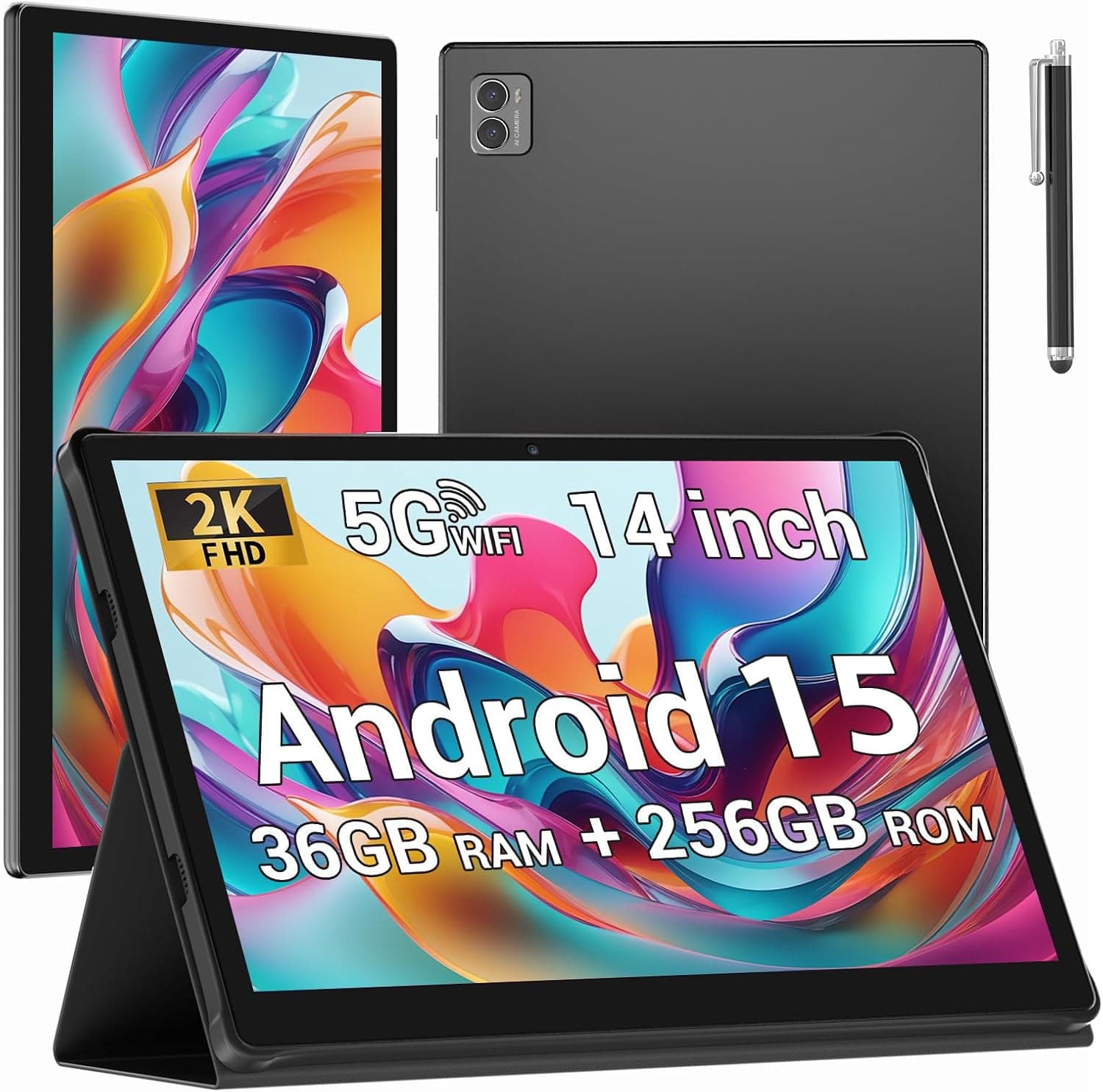 Tablet 14 Pulgadas Android 16 Tableta 5G WiFi,11580mAh y 20W,36GB RAM+512GB ROM/2000 * 1200 incell FHD/Face ID/GPS/BT 5.0/TÜV/USB-C,Tablet con Lapiz,Negro