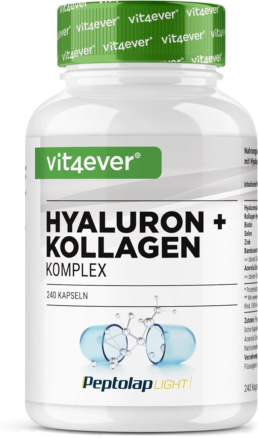 vit4ever Complejo: Ácido Hialurónico y Colágeno - 240 Cápsulas - Peptolap®