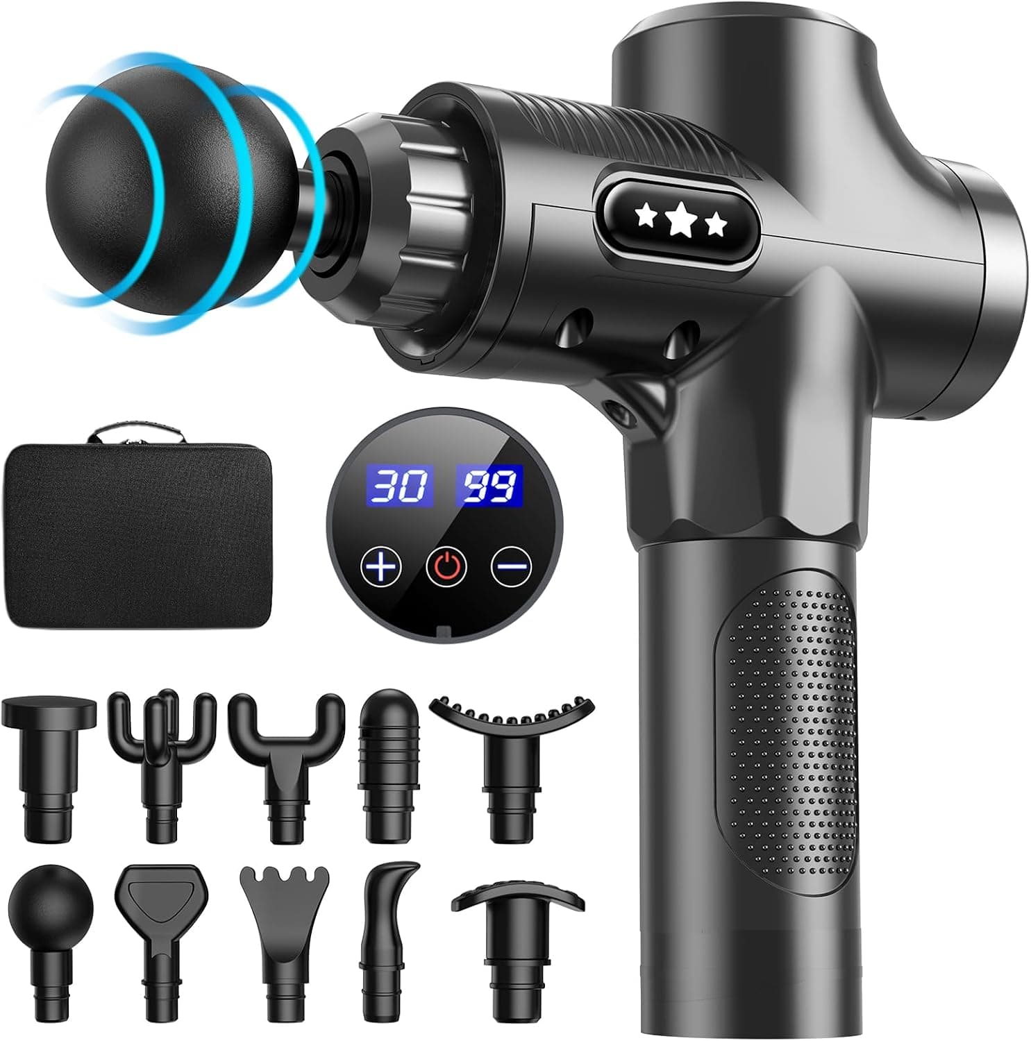 Pistola de Masaje Muscular, Pistola Masajeadora Muscular de Tejido Profundo ANSGEC con 30 Velocidades y 10 Cabezales de Masaje, Massage Gun con Pantalla LCD Táctil, para Aliviar el Dolor Muscular