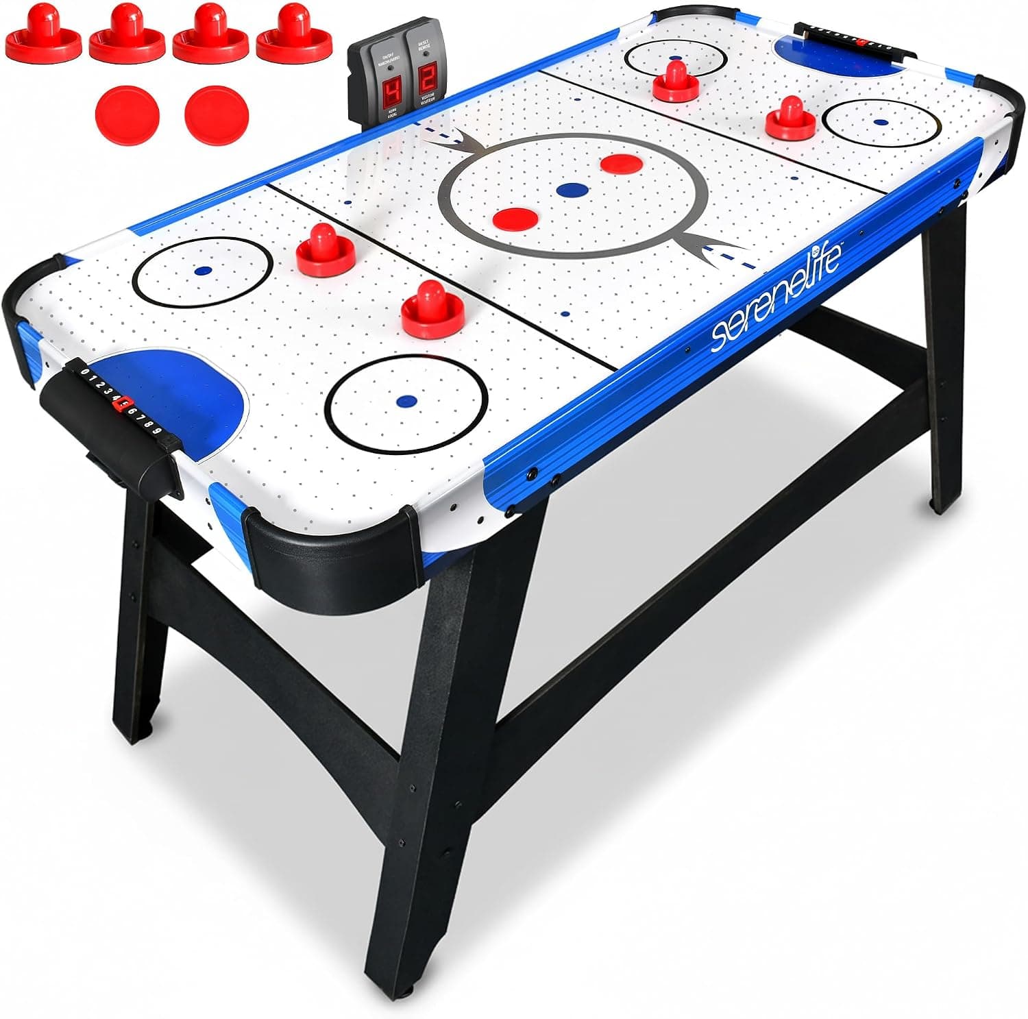 Serenelife Mesa de Hockey de Aire, Motor Dos Veces mas Fuerte, Marcador de Puntos LED Digital, Dispensador de Discos y Accesorios