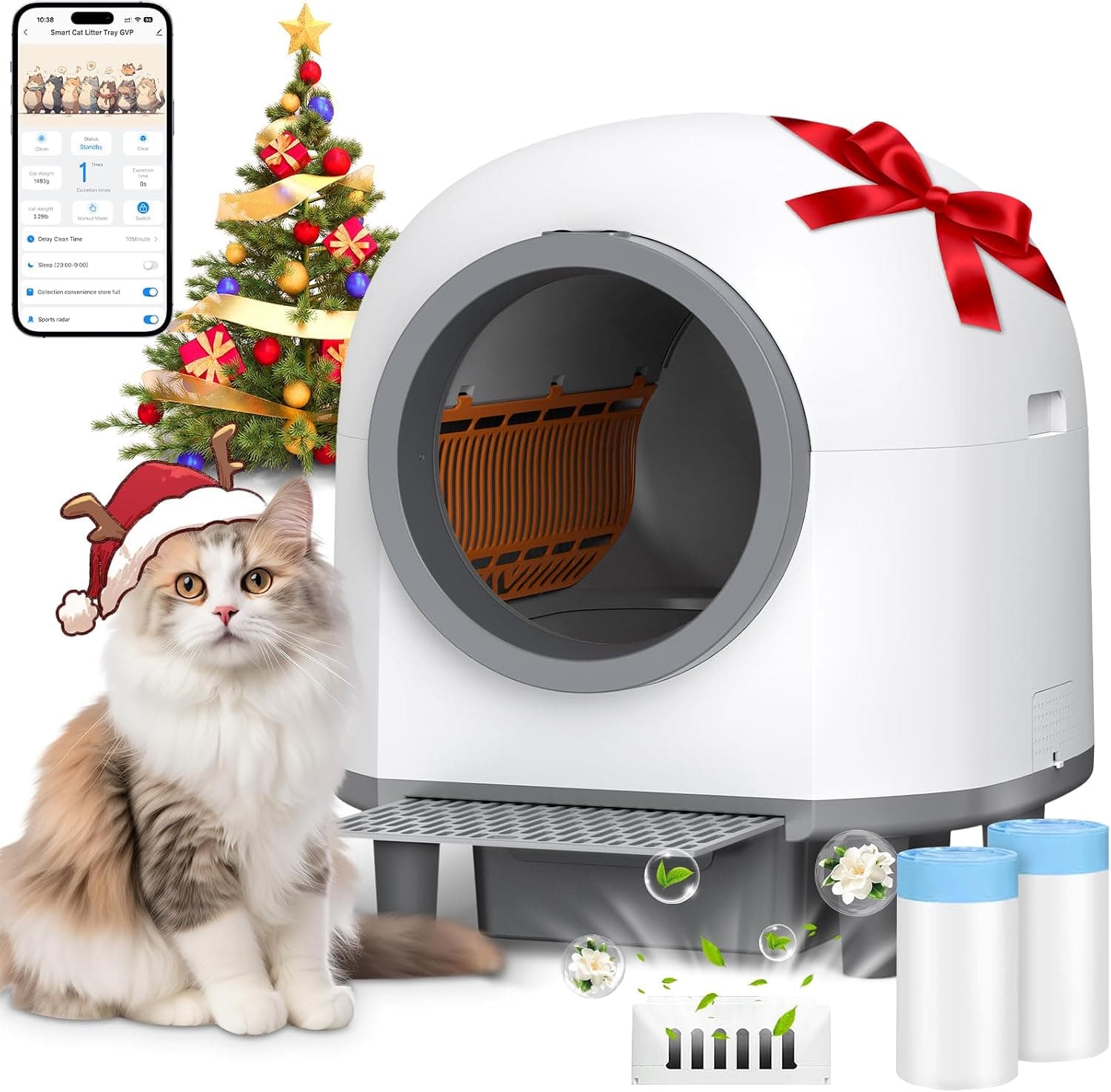 Arenero Gatos Autolimpiable, 80L Arenero Autolimpiable para Gatos Silenciosa Caja de Arena Automática Integrada Segura XXL WC Arenero Automatico Inodoro Sistema de Parada de Seguridad (Blanco)