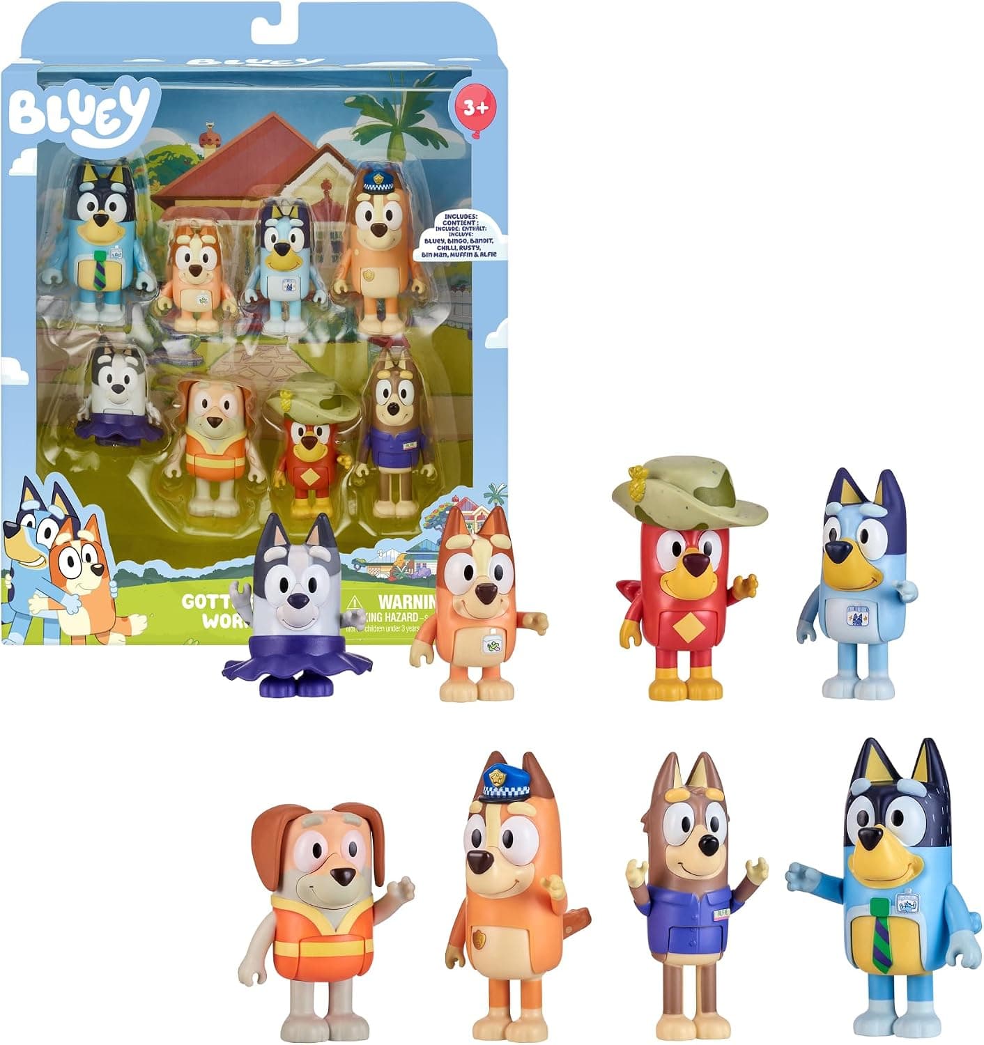 Bluey - Pack 8 Figuras Aventura, Figuras Articuladas Amigos Preparados para IR de Aventuras, Muñecos de la Serie Infantil, Aumenta tu Colección con Este Pack, Famosa (BLY73000)