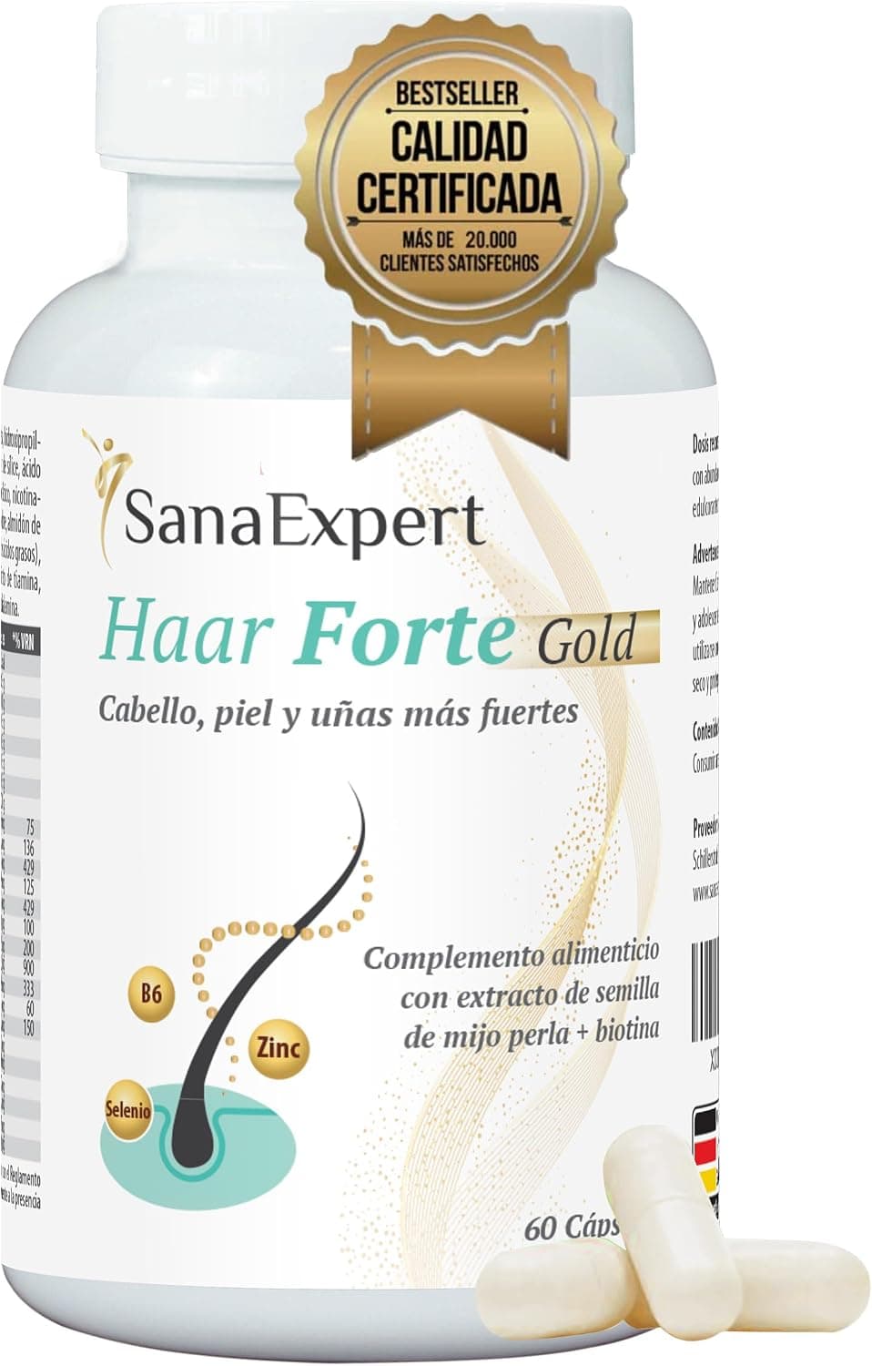 SanaExpert® Haar Forte Gold | Suplemento Capilar Vegano para Fortalecer el Cabello | Pastillas con Vitaminas, Bambú, Melanina, Biotina y Zinc | 60 Cápsulas | Fabricado en Alemania