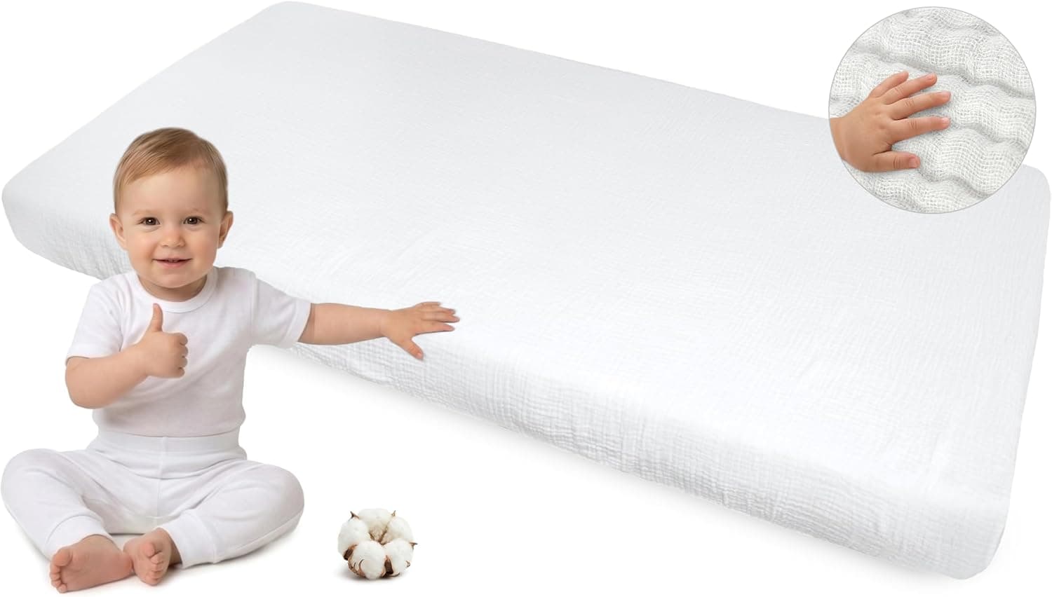 Medi Partners Sabana Bajera Cuna 70x140-100% Algodon Muselina Sabanas de Algodón Bebe Ropa de Cama para Bebés Dormir Cuna Fitted Bed Sheet Protector(Blanco)