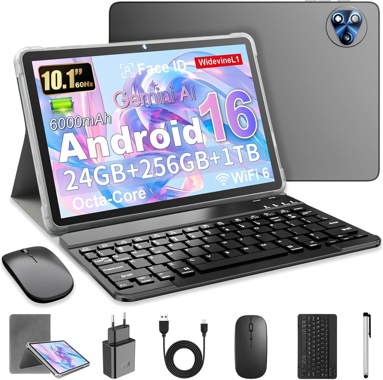 Android 16 Tablet 10 Pulgadas en Gemini AI, Tableta en Teclado, Ratón & Lápiz, Octa-Core, 24 GB RAM + 256 GB ROM + 1 TB TF, 1920x1200 Pantalla HD, Cámara 8MP + 13MP, 6000 mAh (Funda Gris)