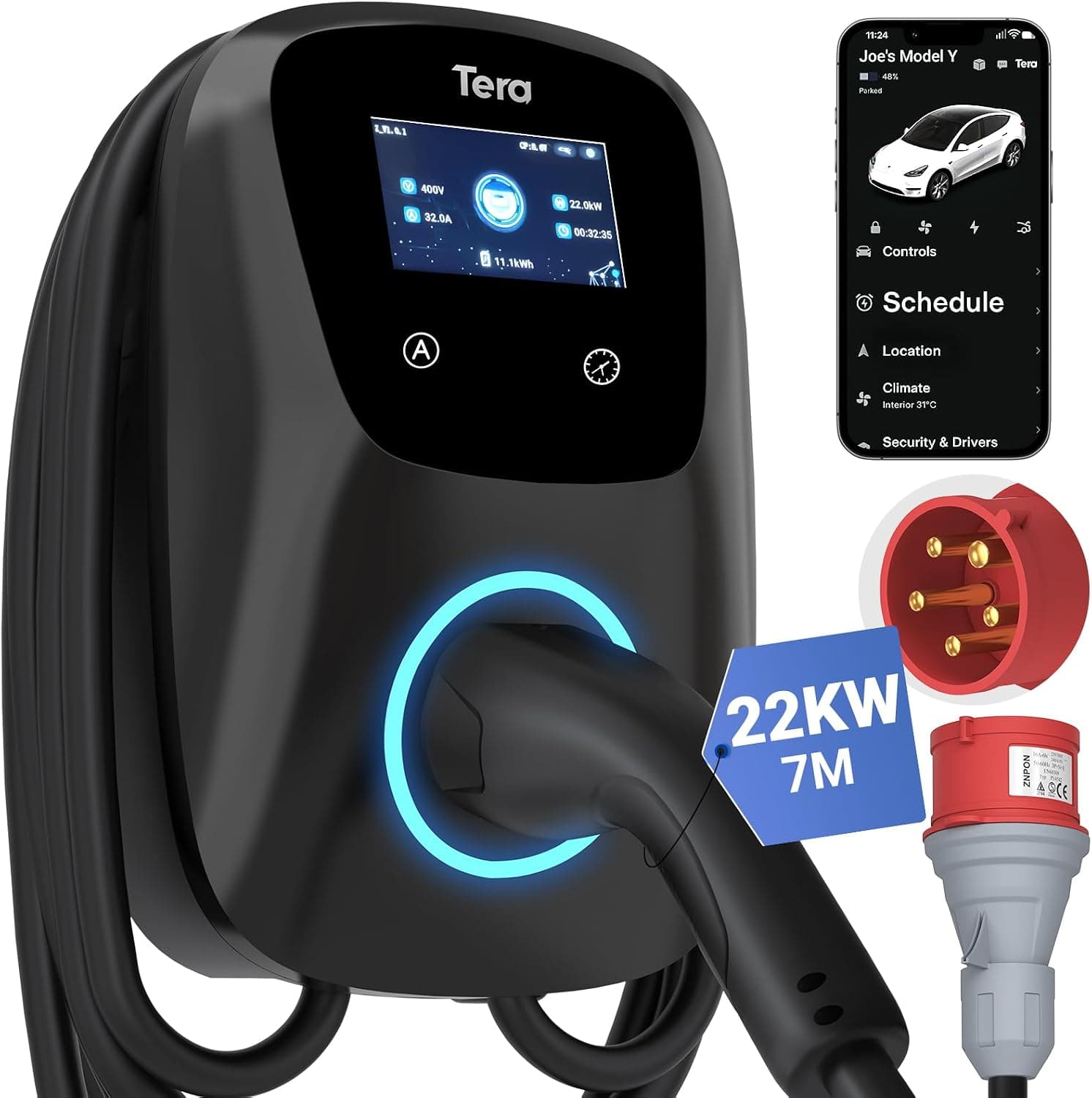 Tera EV Cargador con Smart App 32A Tipo 2 22kW 400V CE y TüV wallbox Cable de Carga de 7 Metros con Soporte para el Cargador Control de la aplicación Enchufe de 3 Fases CEE Coche electrico W01