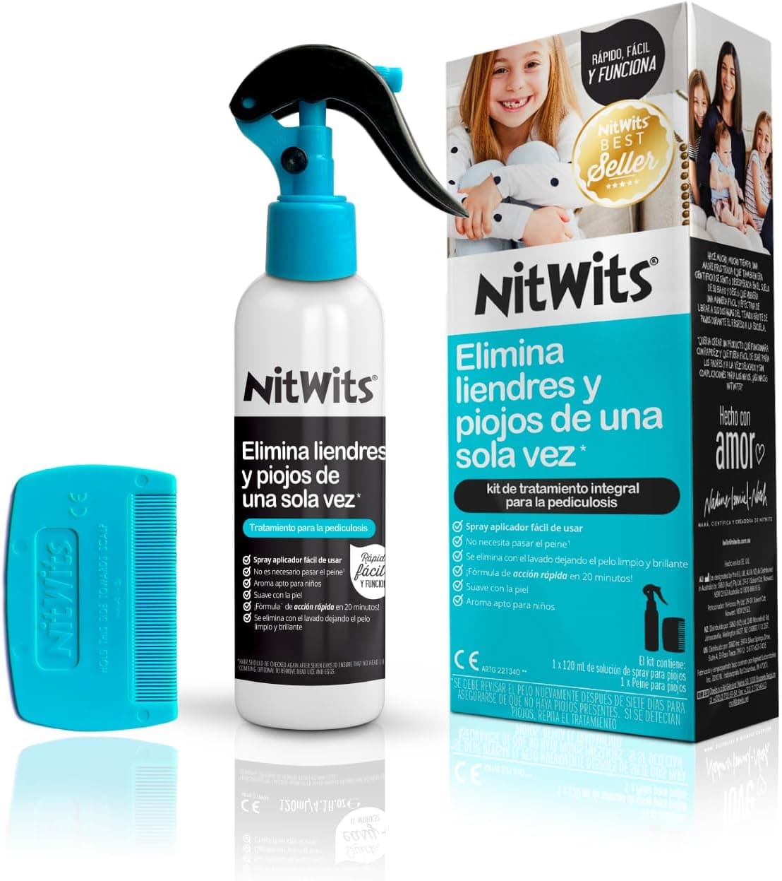 NitWits Spray Antipiojos Todo en Uno – Tratamiento Rápido de 20 Minutos sin Peine Durante el Uso – Con Peine para Después del Tratamiento – 120 ml para Niños
