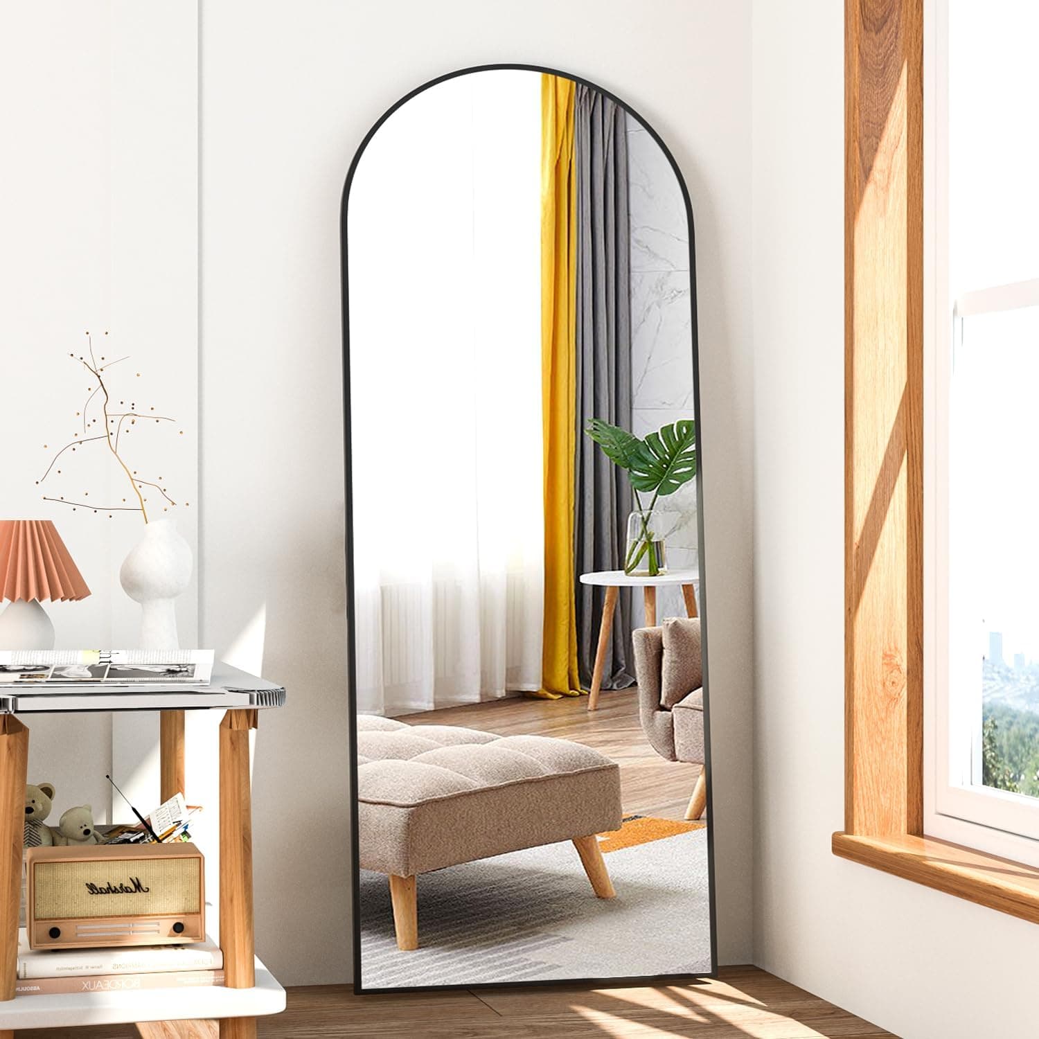 Espejo de longitud completa, espejo de pie o inclinado de cuerpo completo arqueado negro de 56 x 16 pulgadas con soporte, para dormitorio, sala de estar