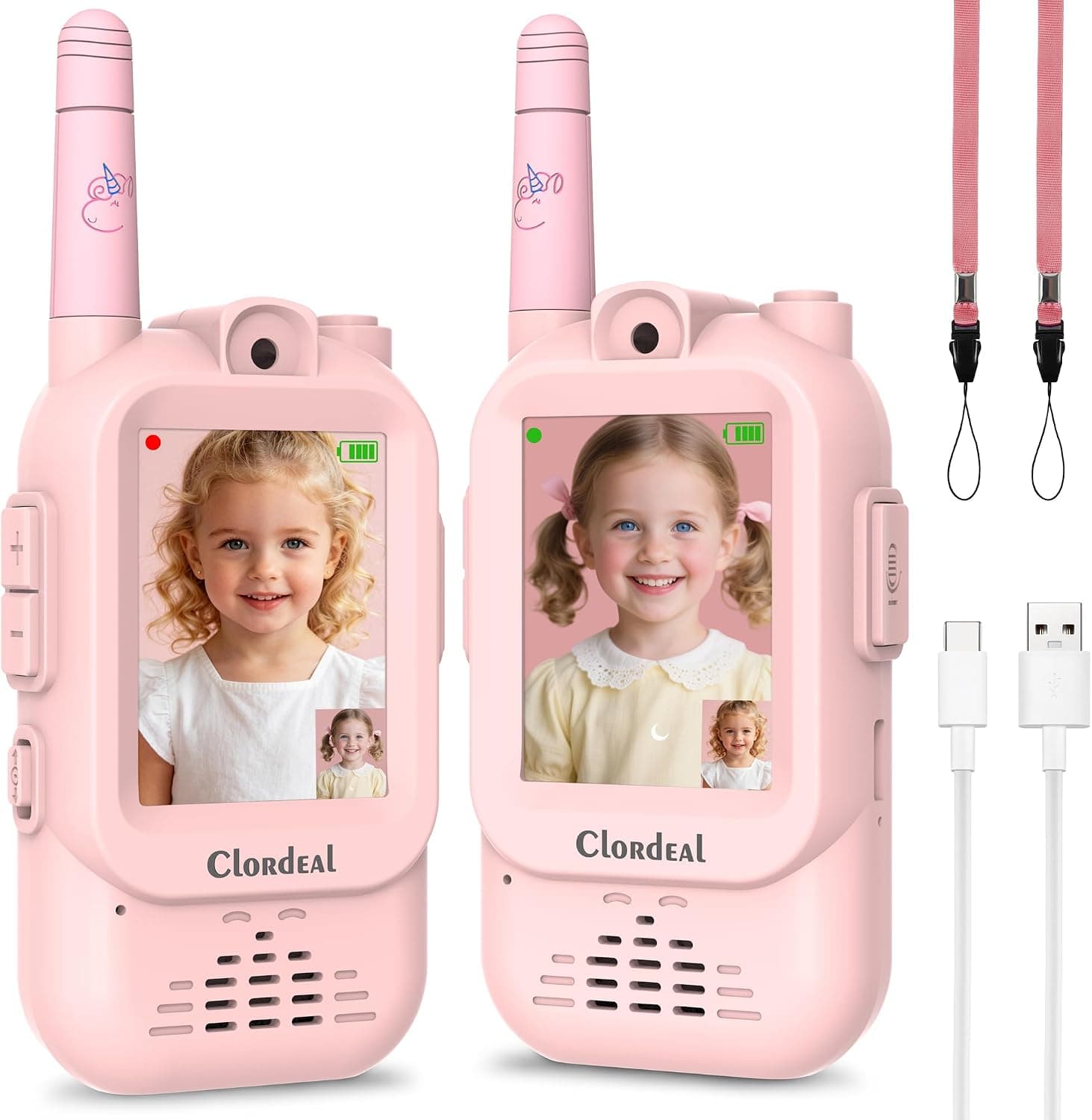 Video Walkie Talkie Niños Largo Alcance Recargable, Regalo Niña 3-12 Años, Pantalla LCD 2", Videollamada, 6 Efectos Voz, Cámara, 23 Emoticonos, Rosa, Pack de 2