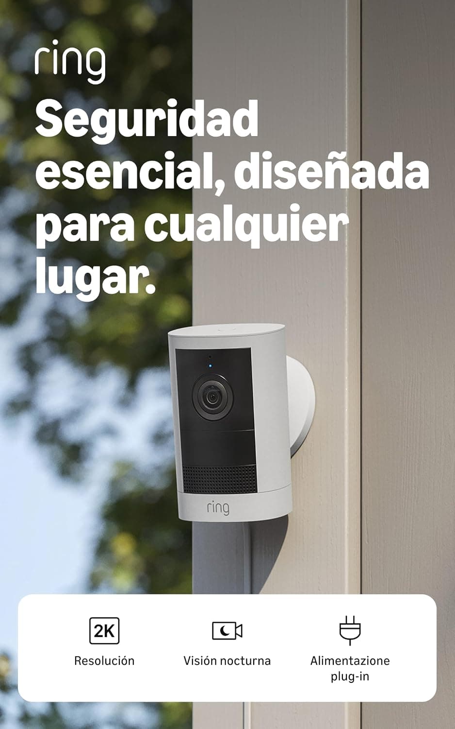 Ring Outdoor Camera 2K, Cámara exterior, Con enchufe (última gen.), Fácil instalación por cuenta propia, Vídeo Retinal 2K de gran angular, Zoom mejorado de hasta 6 aumentos y visión nocturna, Blanco