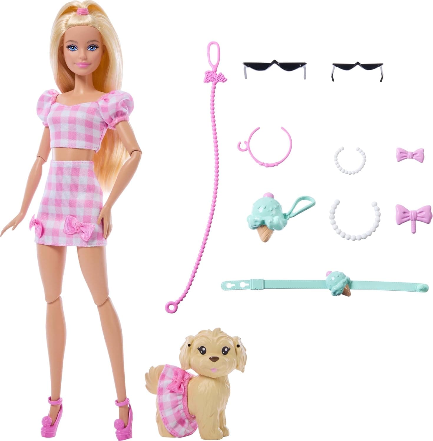 Barbie Twinning Looks Muñeca con perrito y ropa vichy rosa a juego