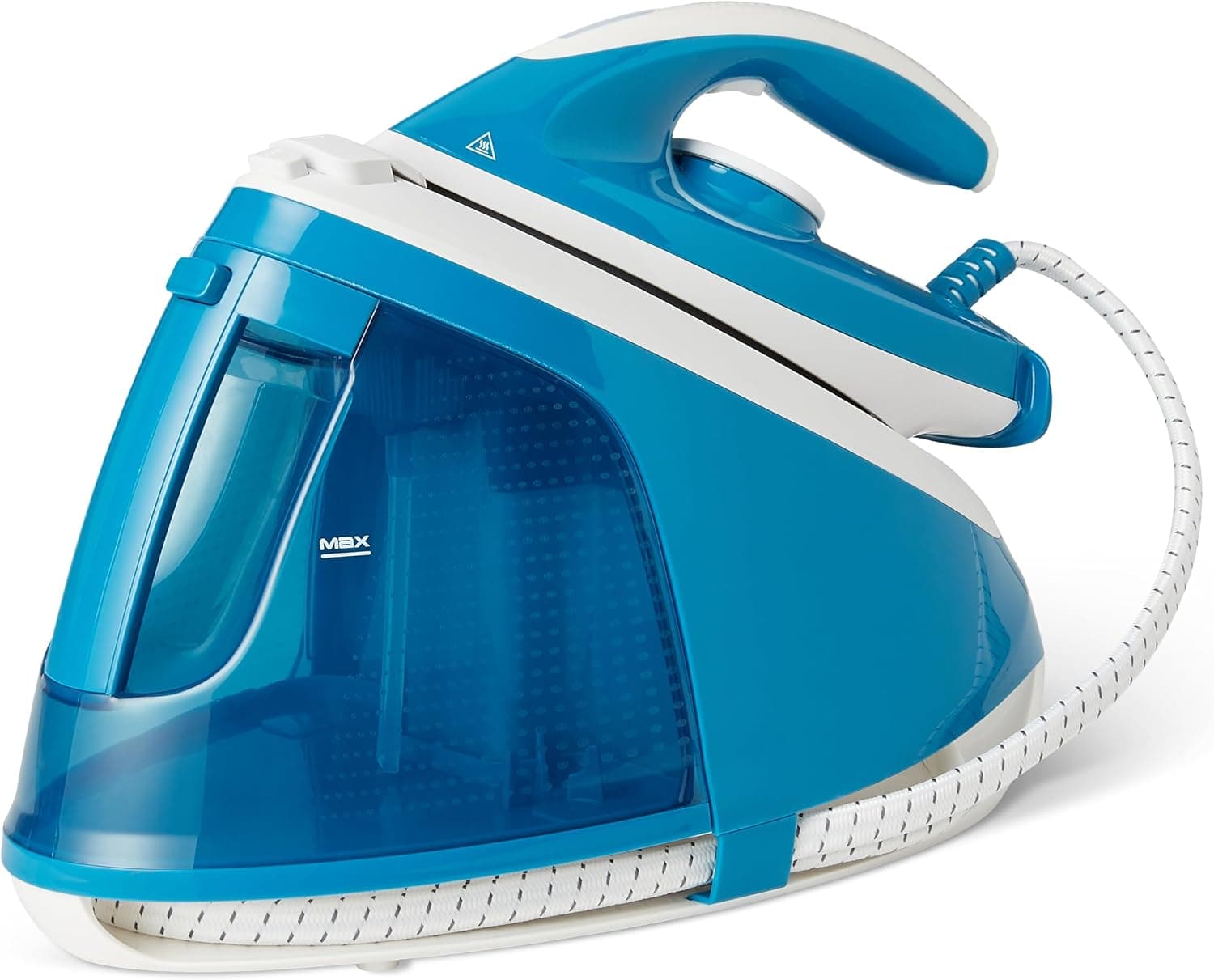 Amazon Basics Plancha con Generador de Vapor con Bomba de 6 Bares, Impulso de Vapor de 240g/min, Salida de Vapor de 120g/min, Depósito de 1,8 litros, 2400W, Blanca/Azul