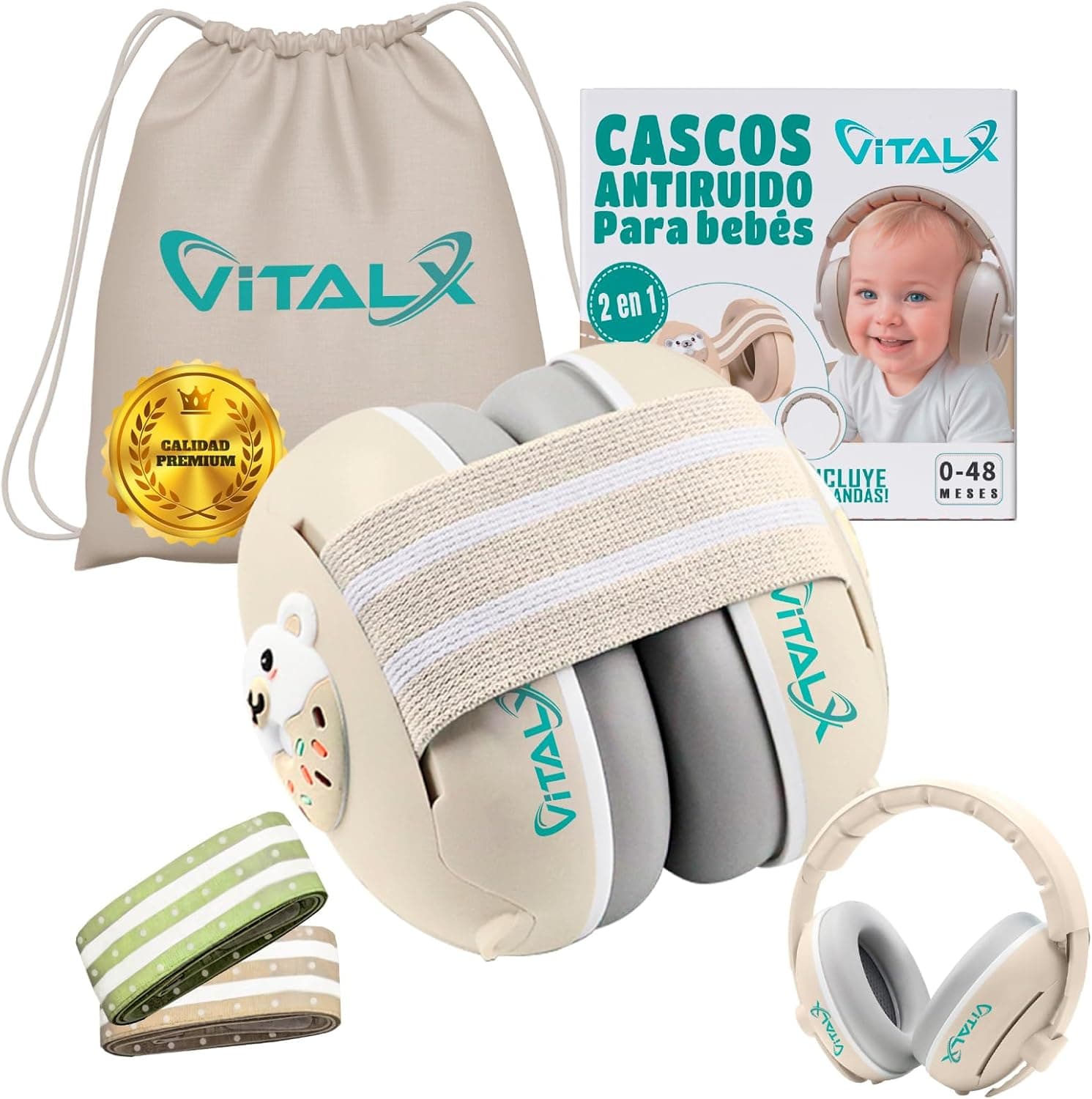 SUPER PACK de Cascos Bebe Antiruido 3 en 1 | Cascos Antiruido Bebe y Cascos Antiruido Niños | De 0 a 48 Meses | Accesorios Bebe | Cascos ruido niños | cascos para bebes antiruido | Beige.