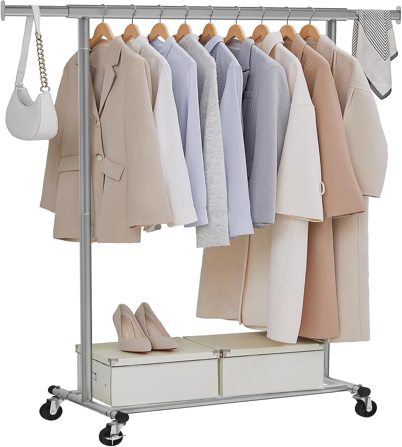 SONGMICS Burro Ropa con Ruedas, Perchero Burro Extensible con Carga Pesada, Capacidad de Carga Máx. de 100 kg, Fácil de Montar, Portátil, Gris Paloma HSR013G01
