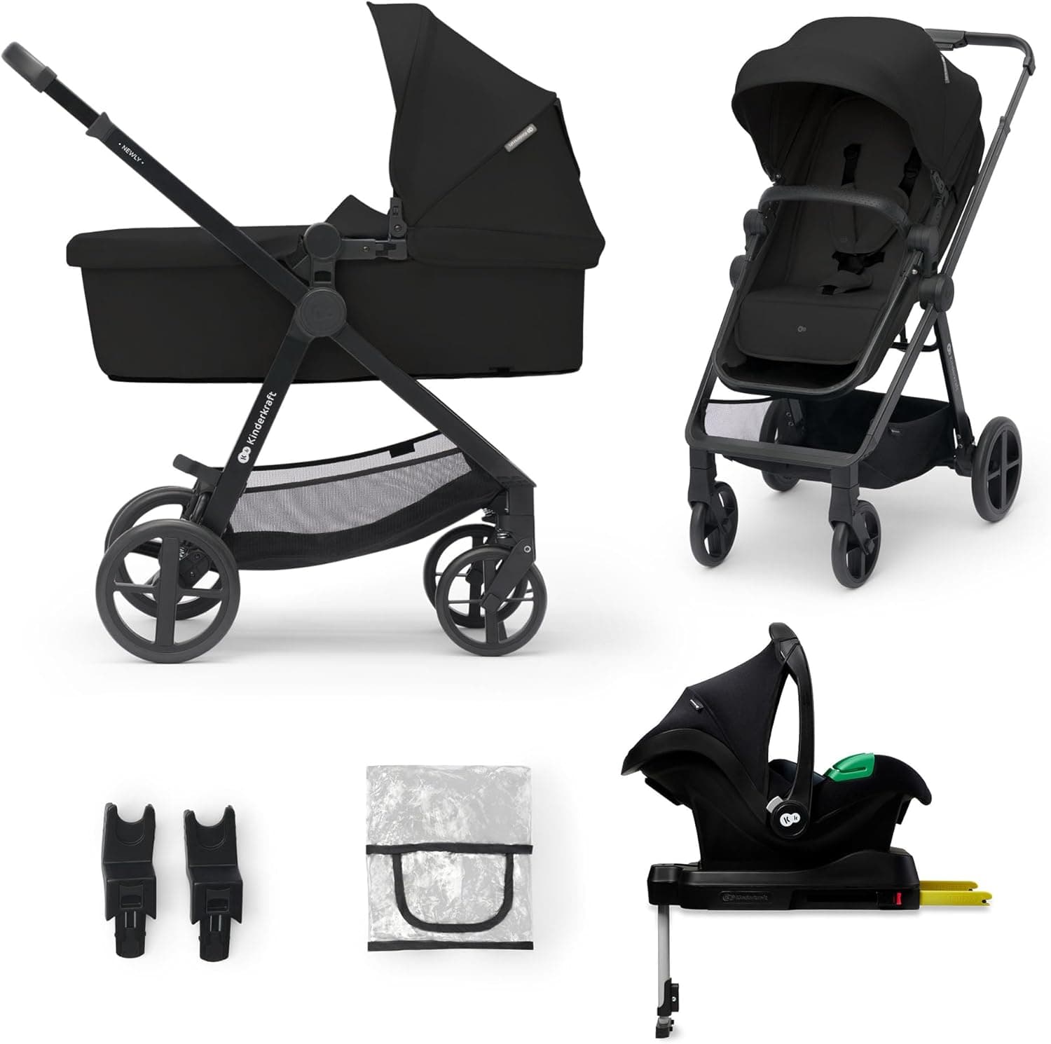 Kinderkraft NEWLY 4 en 1 Carrito, I-Size, Sistema de viaje, Carrito, Silla De Paseo, Silla coche, Base Isofix, Ligera, Carro Bebe, Cochecito 3 Piezas, Plegable, desde el nacimiento hasta 22 kg, Black