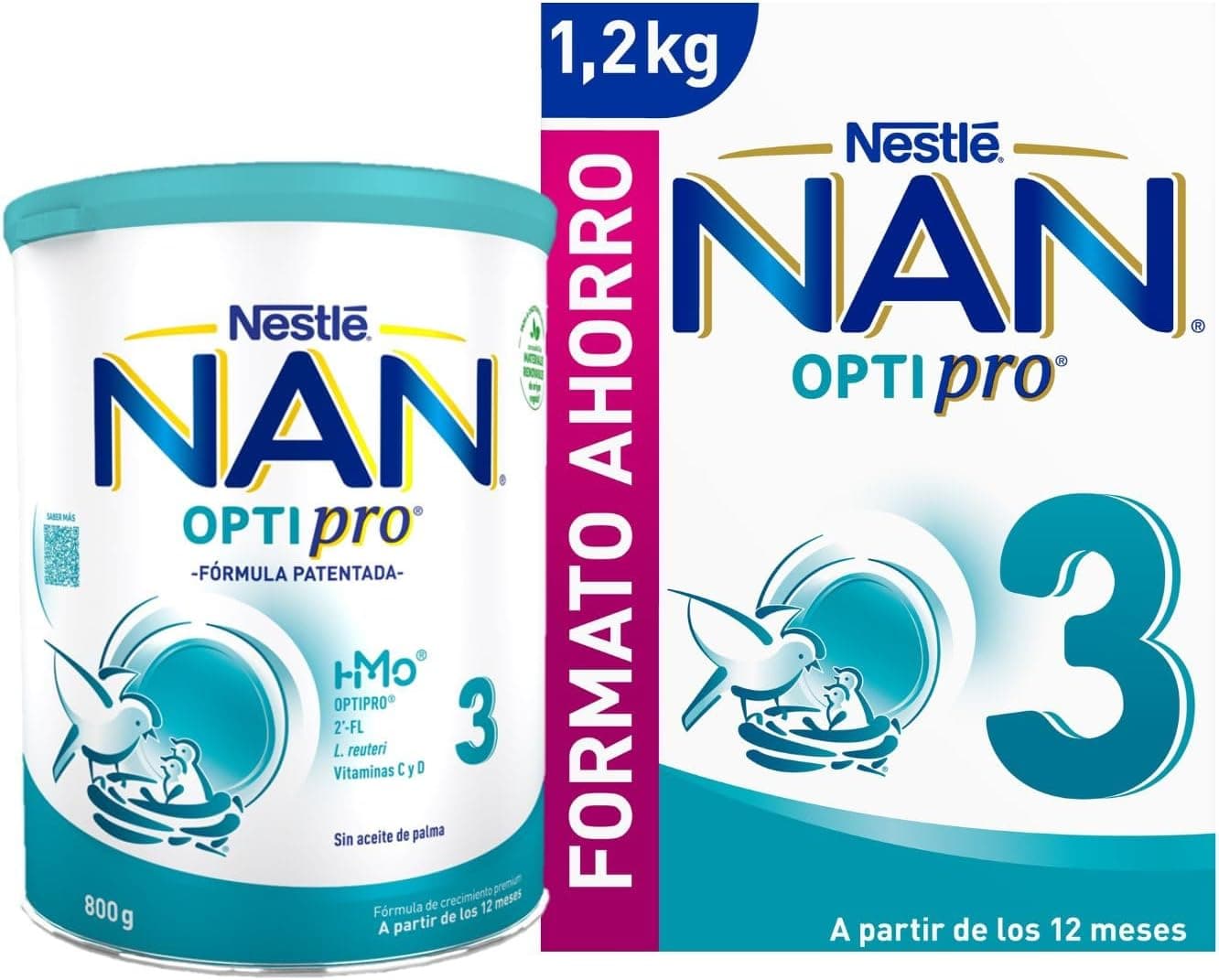 Nestle NAN Optipro- Mega Pack Leche de continuación en polvo fórmula Nan Optipro 3 800g LATA + Nan Optipro 3 1200g para bebés Estuche