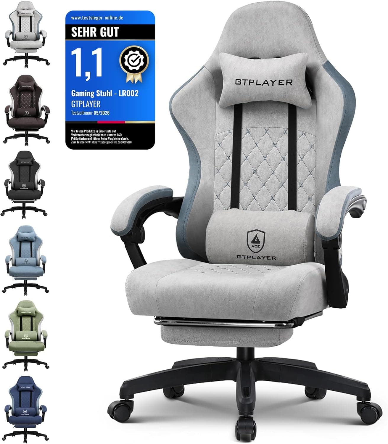 GTPLAYER Silla de Tela para Juegos con reposapiés, Silla ergonómica de Escritorio para computadora con cojín de Resorte de Bolsillo, Soporte Lumbar para Oficina en casa, Soporte Lumbar, Resistente y