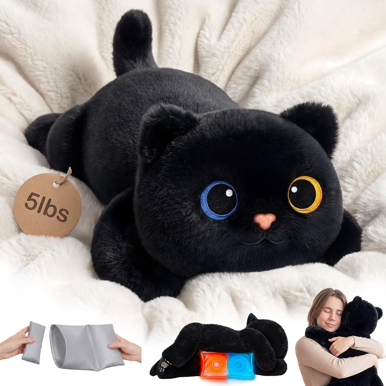 Mewaii Peluche Gato Negro con Peso de 2,4 kg y Almohadilla Calefactable