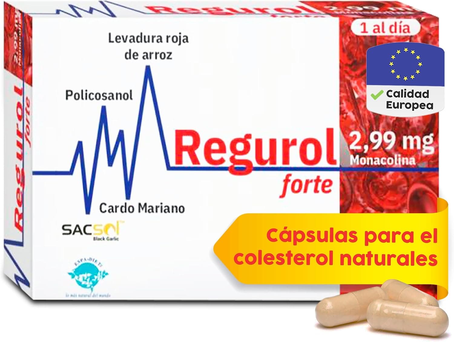 Espadiet Regurol Forte Cápsulas Control Colesterol con Levadura Roja de Arroz, Ajo Negro, Policosanol, Coenzima Q10, Cardo Mariano – Pastillas Naturales Nivelcol Lipid Alto - 30 Capsules