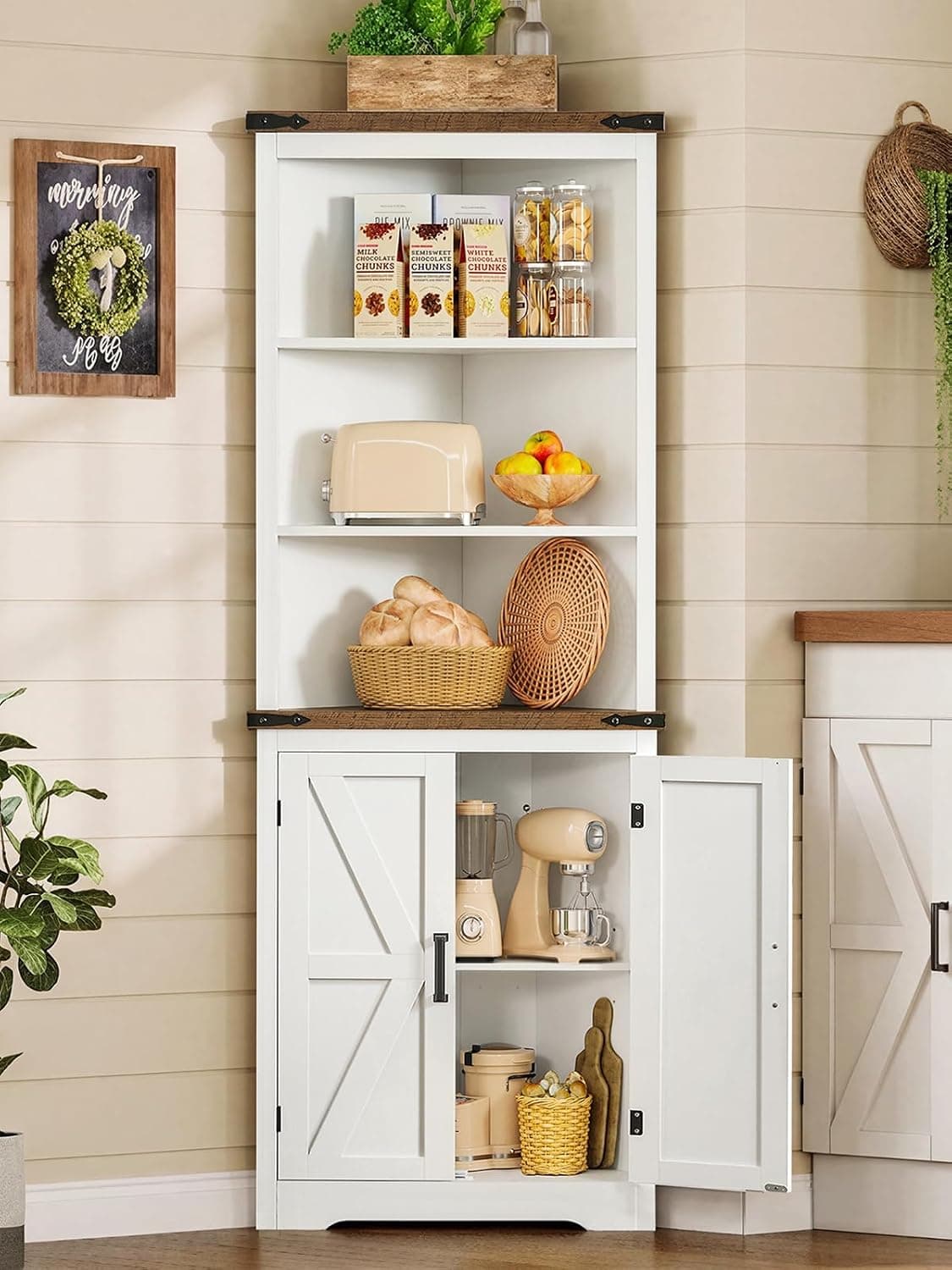 TEENFON 178 cm Armario Esquinero, Alacena de Cocina de Esquina con 1 Estante Ajustable, Mueble Baño con 3 Estantes Abiertos, Mueble Esquinero para Dor, Baño, Cocina y Salón - 54 x 38 x 178 cm - Blanco