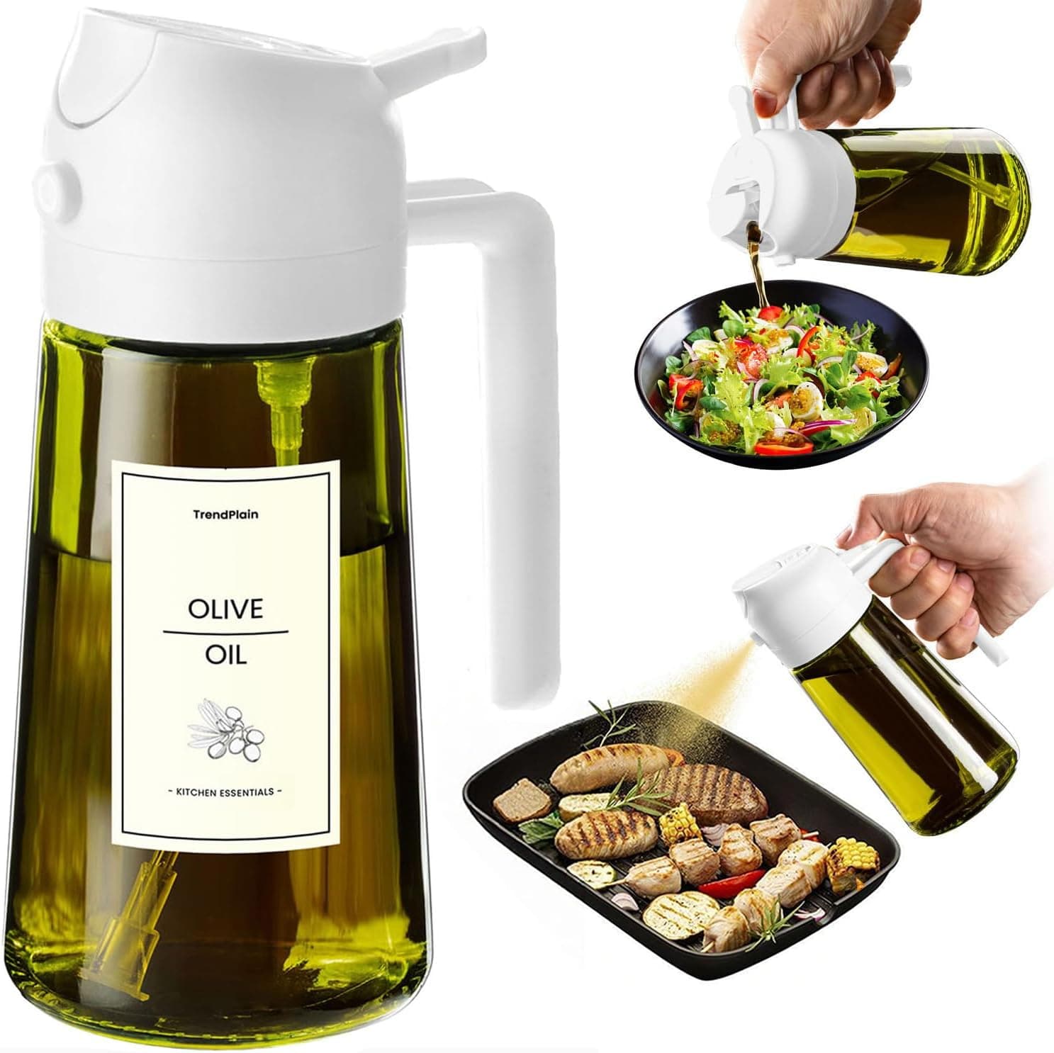 TrendPlain Pulverizador Aceite Spray 470ml - 2 en 1 Spray Aceite Cocina, Dispensadora para Freidora de Aire, Ensaladas, Vinagre y Accesorios Cocina (1 unidad, Blanco-1)