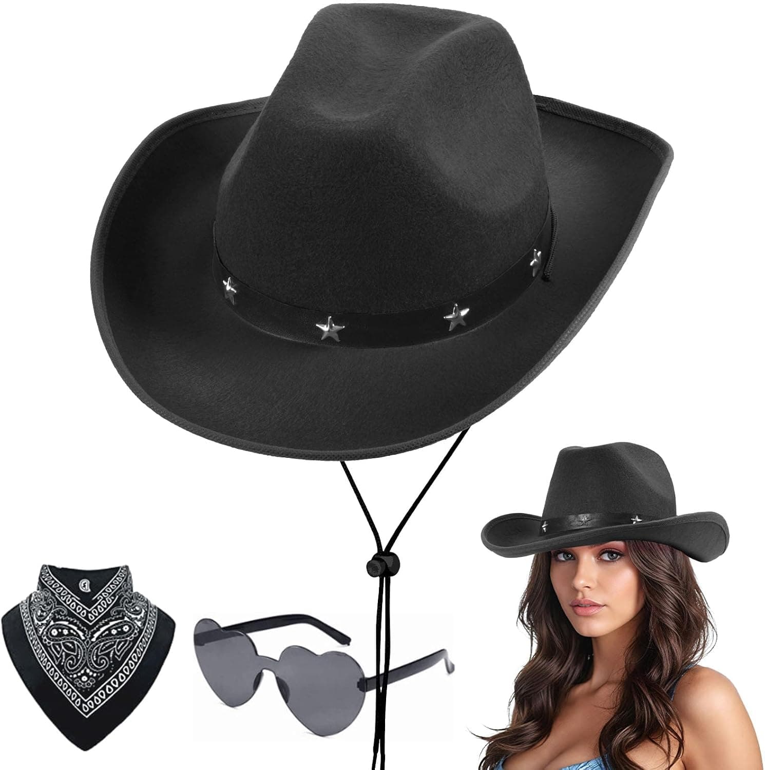 Aomig Sombrero Cowboy, 3PCS Vaquero, Bandana Gafas Amor