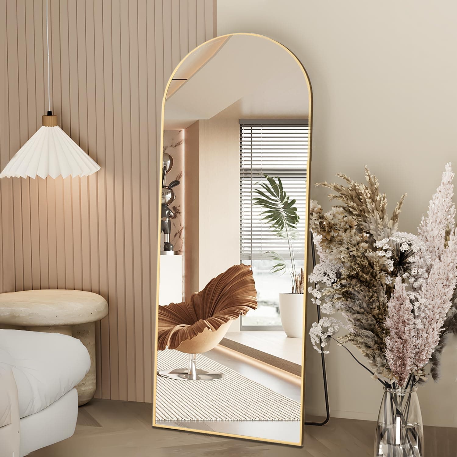 Espejo de Cuerpo Entero Espejo Arco de 162 x 53 cm, Espejo de pie con Soporte, Dorado Arqueado Cuerpo Completo, Espejo de pie o Inclinado para Dormitorio, Sala de Estar
