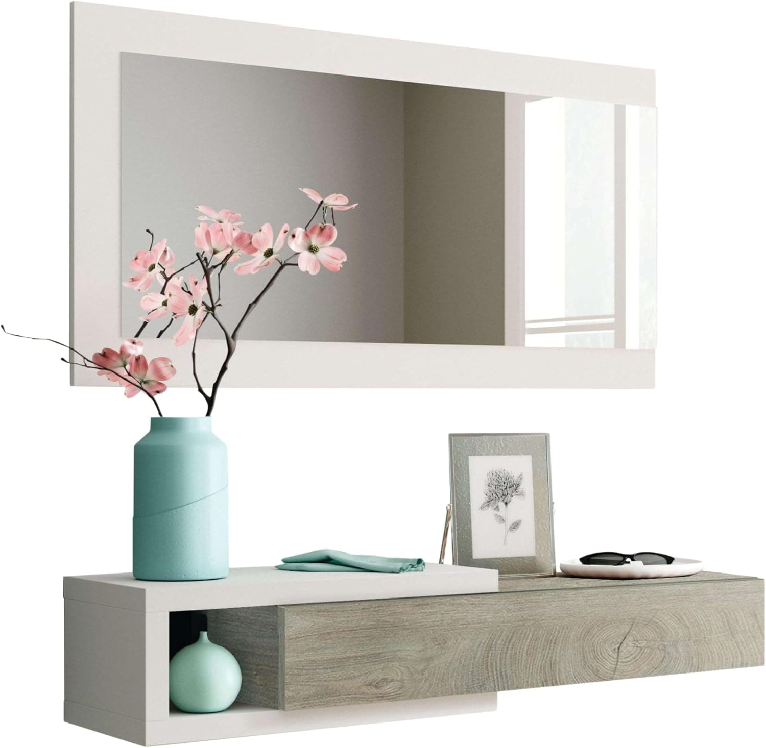 Habitdesign Mueble Recibidor Noon Estilo Nórdico en Color Blanco y Roble Alaska con Espejo y Pequeño Hueco 95x19x26 cm