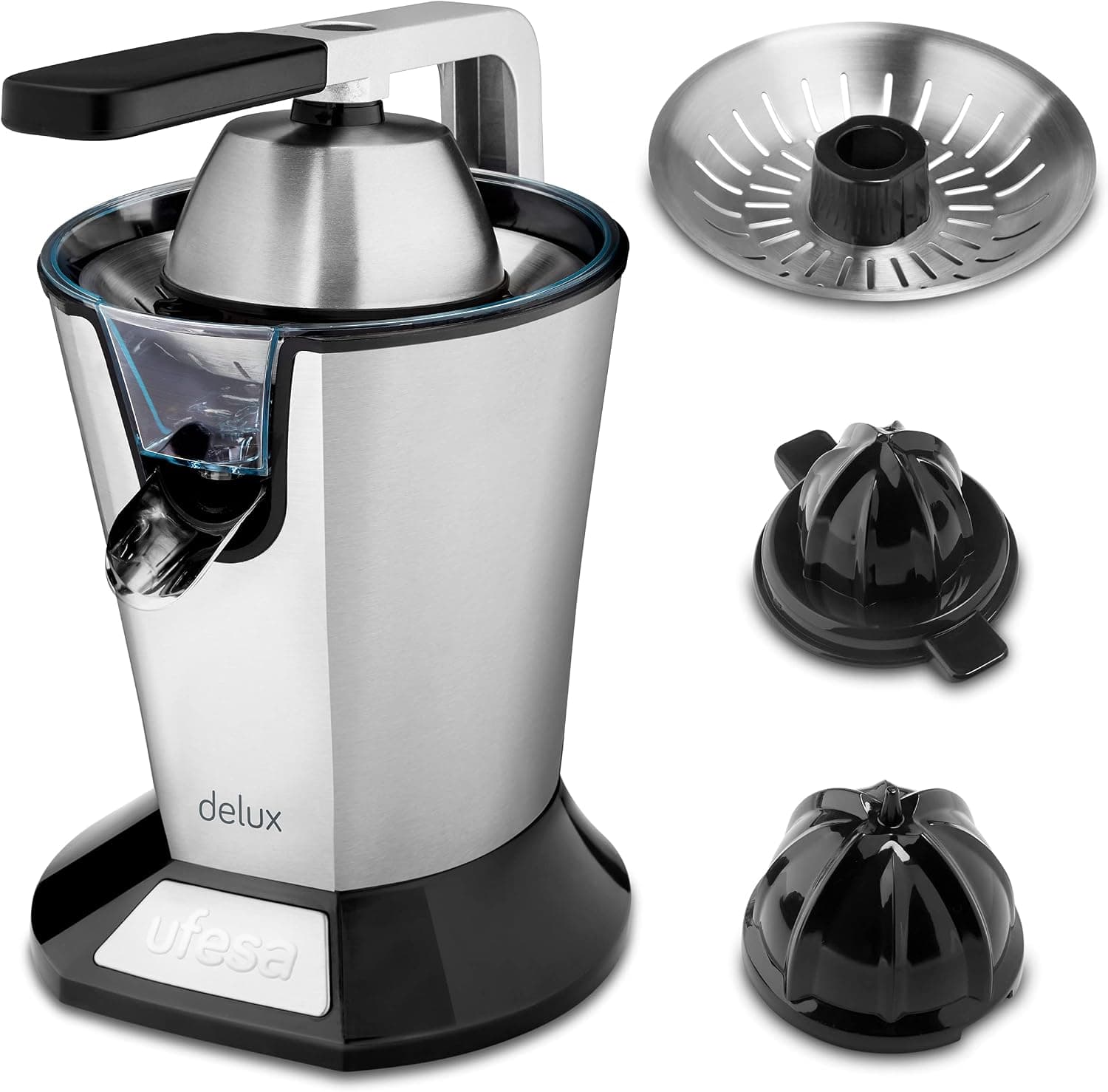 Ufesa EX4950 Exprimidor Eléctrico de Brazo, 600W, Vertido Continuo, Sistema Antigoteo, Doble Cono, Filtro de Acero Inoxidable, Brazo para la Extracción del Zumo, Desmontable, Sin BPA, Negro Inox