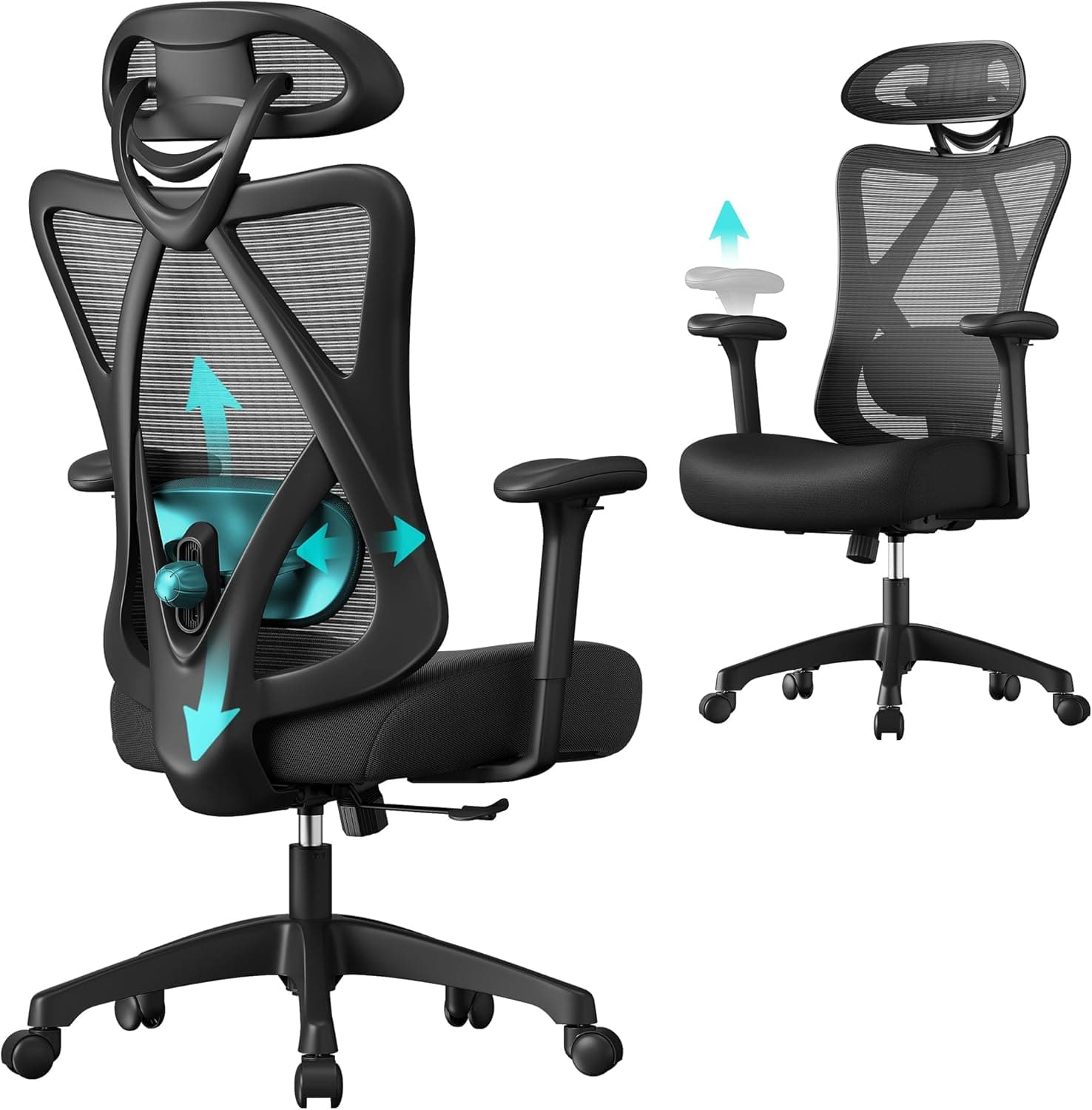SONGMICS OBN063B01 Silla de Oficina ergonómica - Silla de Malla - Cojín Lumbar y Almohada Ajustables - Carga máxima: 150 kg - Altura Ajustable - Negro Tinta