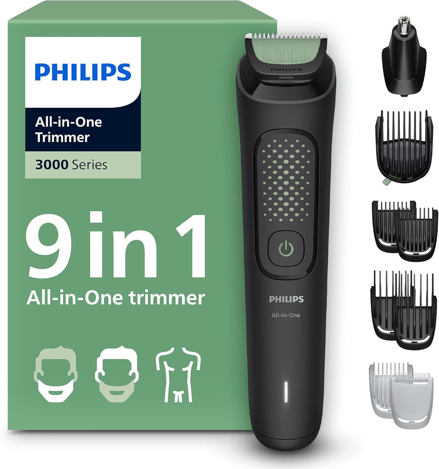 Philips Recortadora Todo En Uno series 3000, Kit 9 en 1, Afeitadora y cortapelos Hombre para Rostro, Pelo y Cuerpo, Barba, Cuchillas Autoafilables suaves con la piel, 10 longitudes, MG3946/15