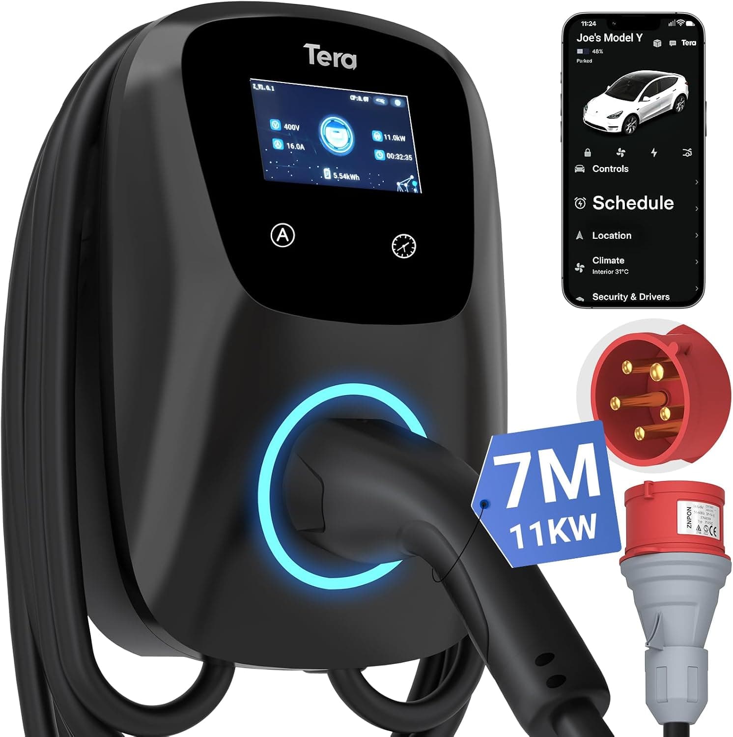 Tera Cargador EV Tipo 2 de 11KW para Uso doméstico, Certificado CE y TüV, Equipado con App/WLAN/Bluetooth, con Cable de Carga de 7 Metros, Enchufe trifásico CEE, Negro