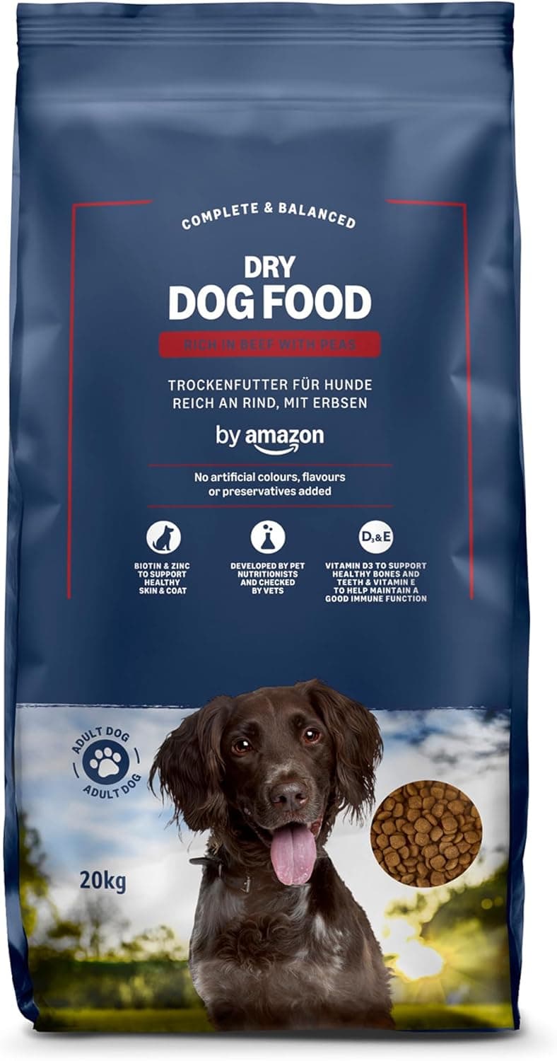 by Amazon - Alimento seco Completo para Perro Adulto Rico en Vacuno con Guisantes, 20kg, Paquete de 1
