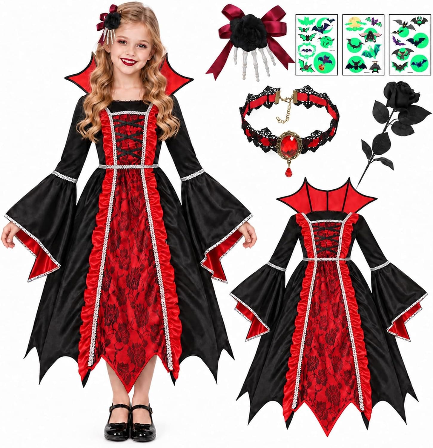 Disfraces Halloween Niña, Disfraz Vampiresa Niña de Halloween con Adorno de Cráneo para el Cabello, Collar, Rosa y Tatuajes Adhesivos Fluorescentes—Disfraz Vampiro niña