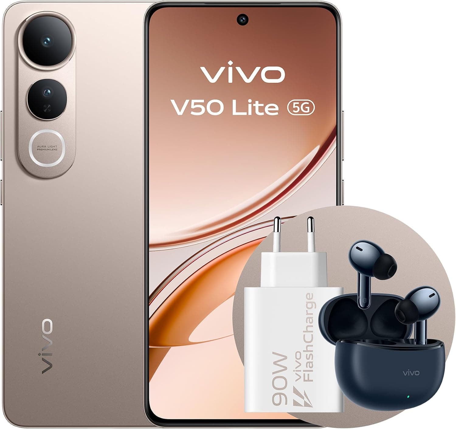 vivo V50 Lite 5G Smartphone, Teléfono móvil Android con hasta 8 GB + 256 GB, 6500mAh, Pantalla AMOLED de 6,77" y 120 Hz, Cámara Doble de 50 MP, Auriculares TWS 3e + Cargador 90W FlashCharge