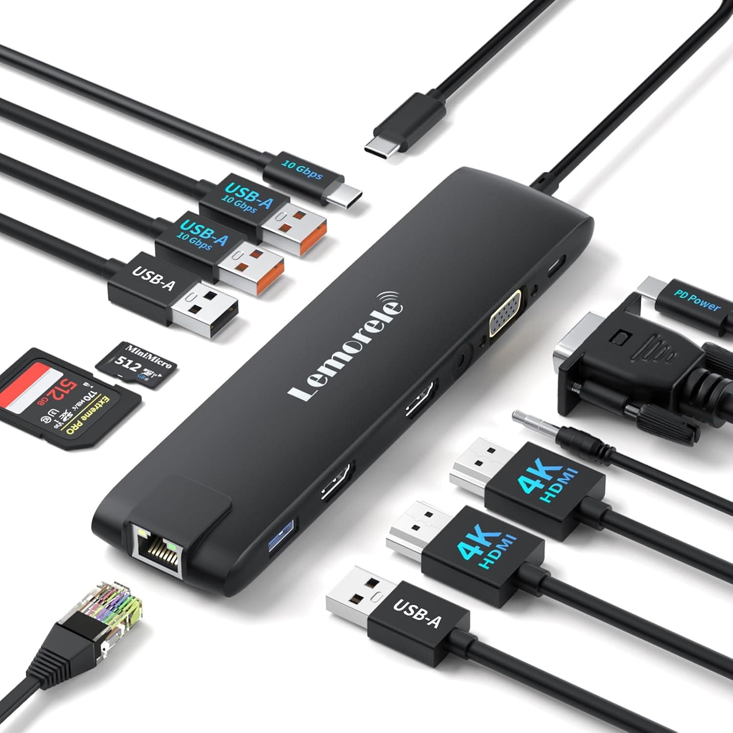 Lemorele Docking Station USB-C 3*Display-13 en 1,Hub USB C 2 HDMI 4K+VGA