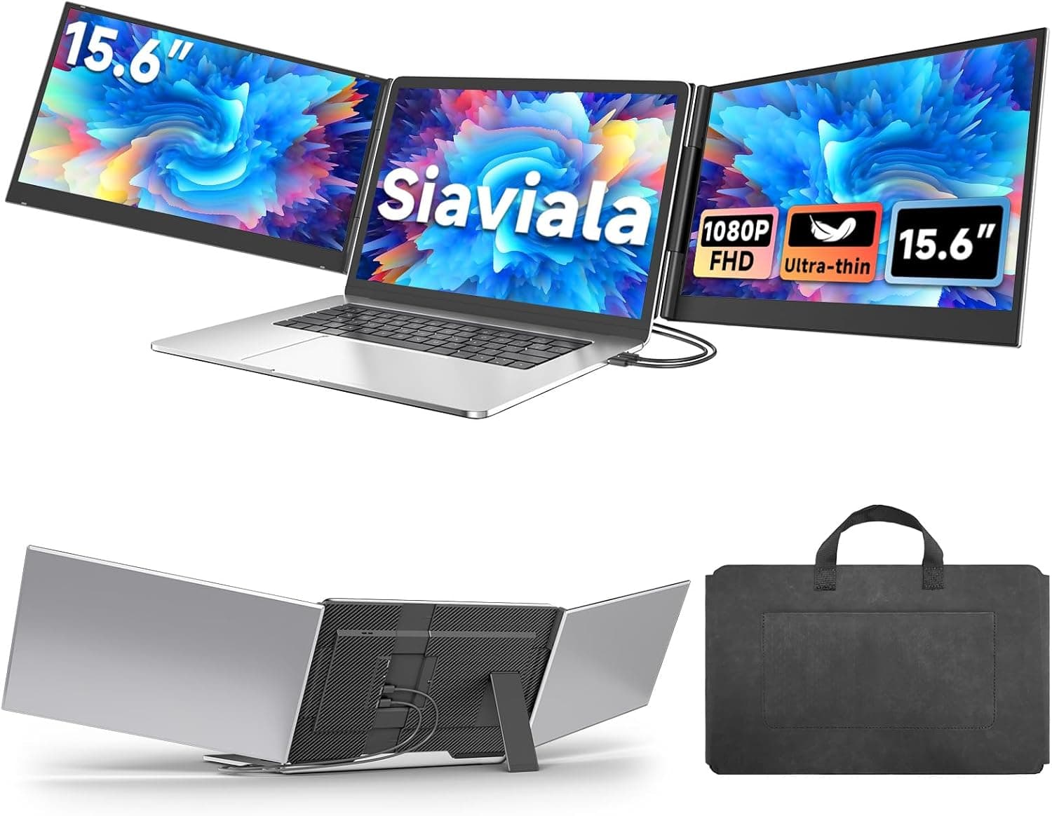 Monitor Portatil 15.6” Ultra-Delgado, 1080P FHD IPS Extensor Pantalla Portatil, Triple Pantalla para Portatil para computadoras portátiles de 13 "-17", Plug & Play para Mac/Android/Chrome