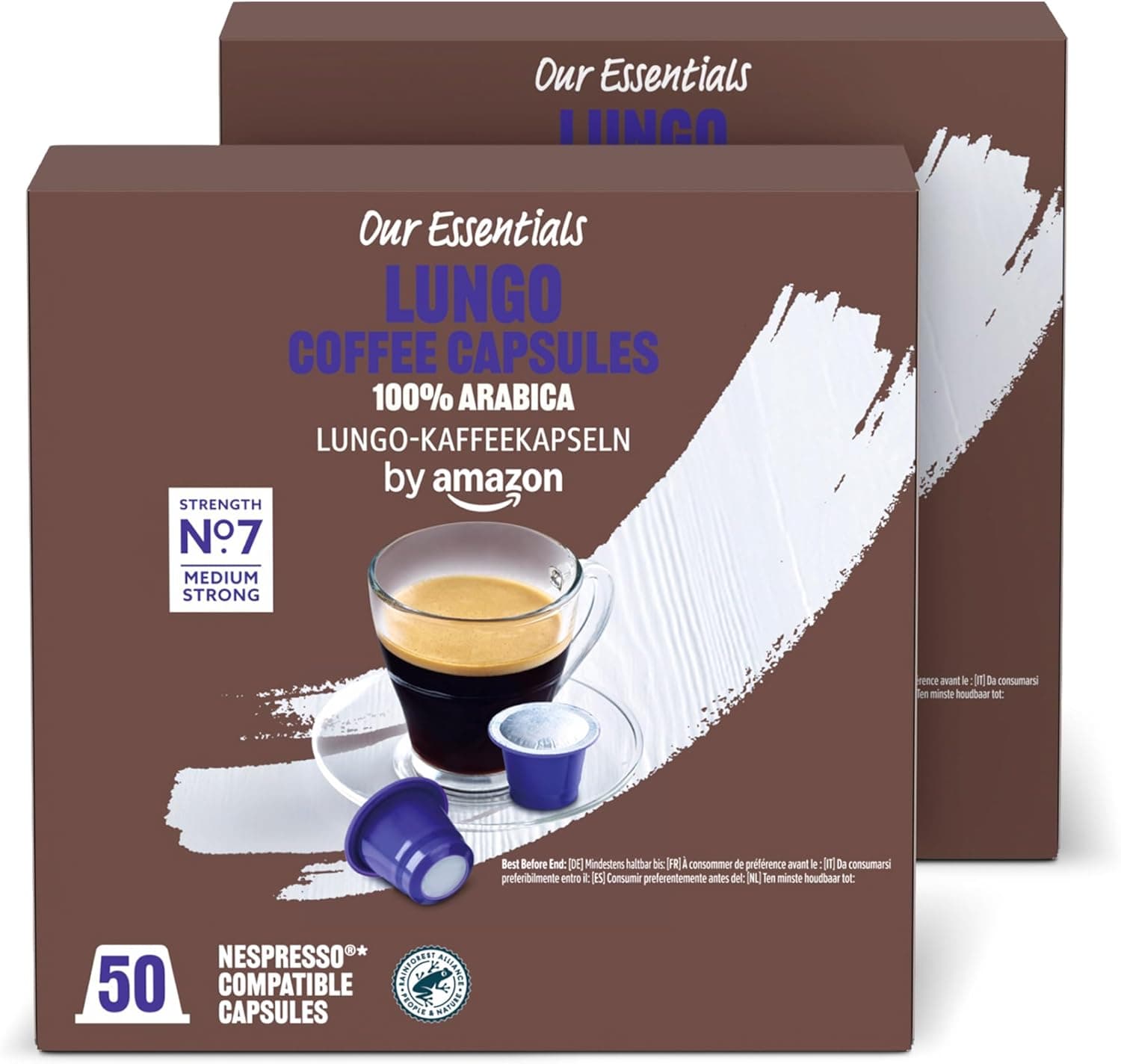 by Amazon Cápsulas de Café Lungo de Plástico Compatibles con Nespresso, Tostado Medio, 100 Unidades (2 Paquetes de 50), Certificadas por Rainforest Alliance
