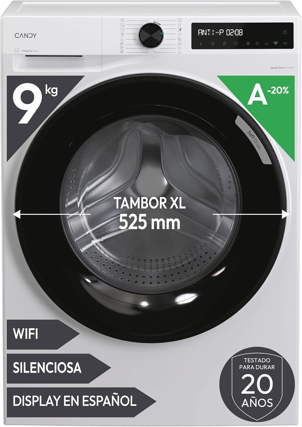 Candy ProWash 500 BR 49SBL8-S, Lavadora 9 KG, 1400 RPM, Display Digital, Conectividad WIFI, 16 Ciclos, Motor Inverter, Inicio Diferido 24H, Bloqueo Infantil, Tambor 52,5cm, 72 DB, Blanco