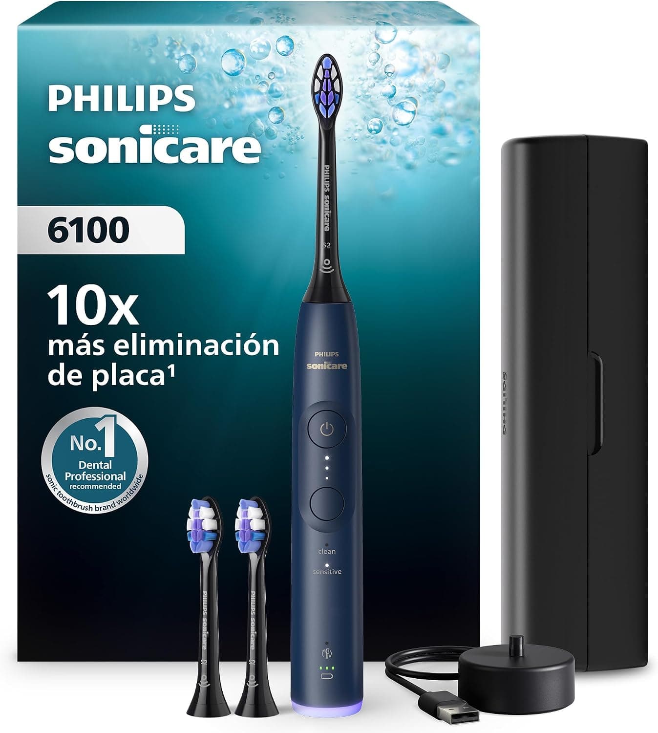 Cepillo eléctrico Philips Sonicare Serie 6100 - Tecnología Next Generation, sensor de presión, 6 ajustes, SmarTimer, BrushPacer, 21 días de autonomía, estuche de viaje, azul marino, HX7403/07