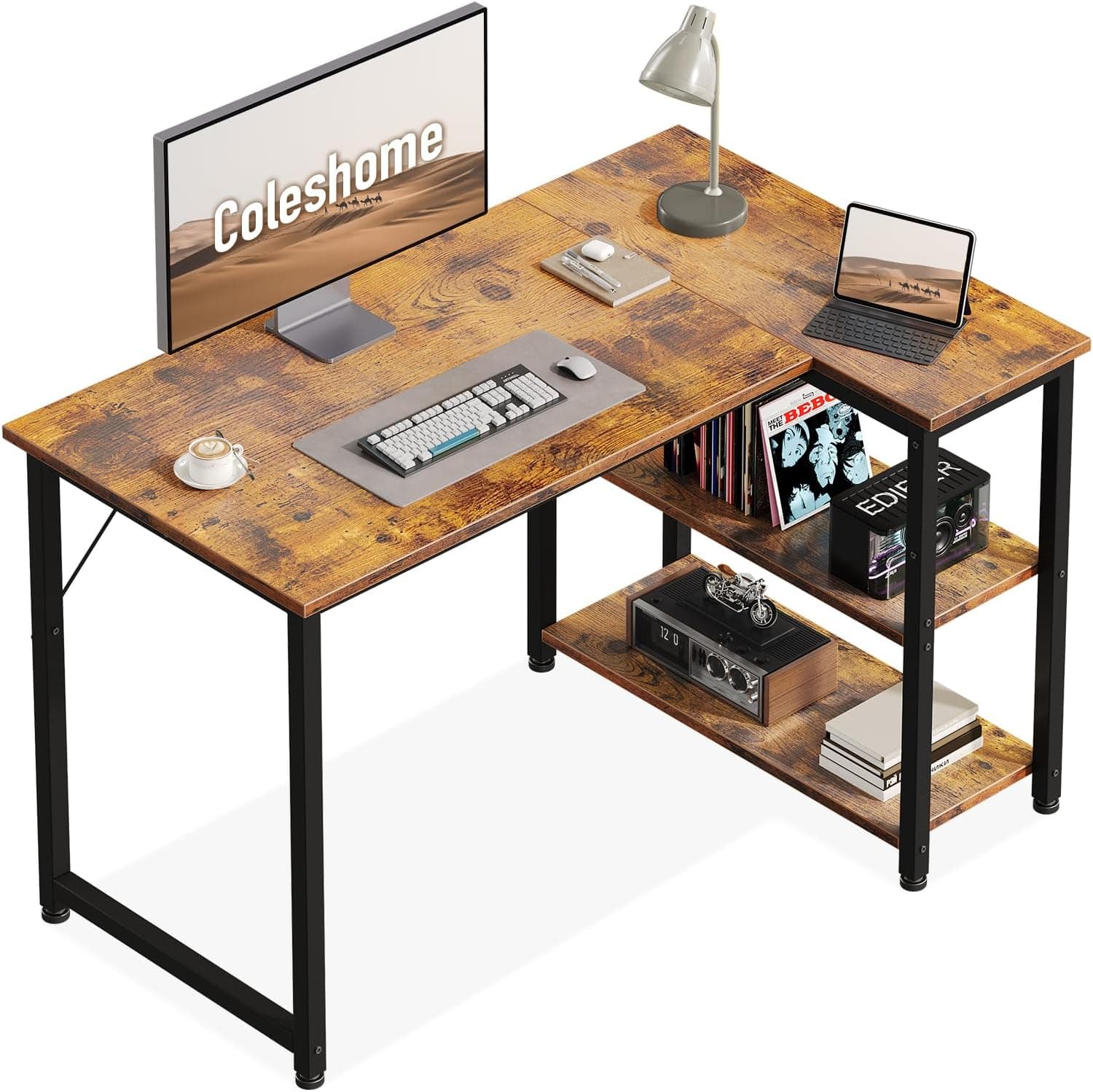 Coleshome Escritorio Esquinero con Estantería, 100x70cm, Marrón