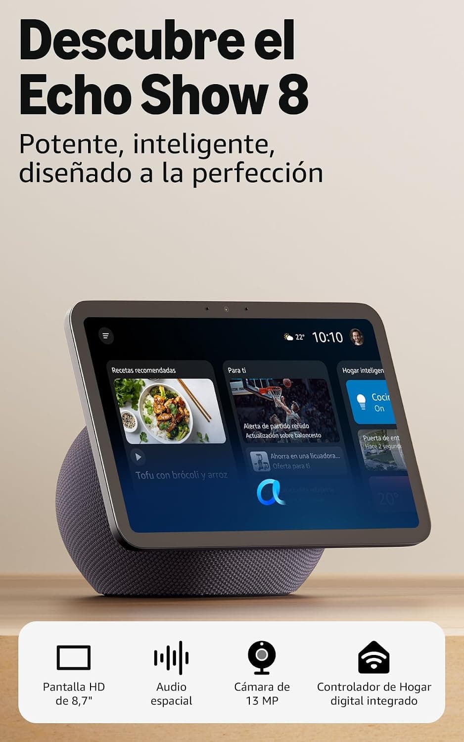 Amazon Echo Show 8 (última generación): pantalla HD de 8,7" con audio espacial (gris grafito), con Acceso Anticipado a Alexa+